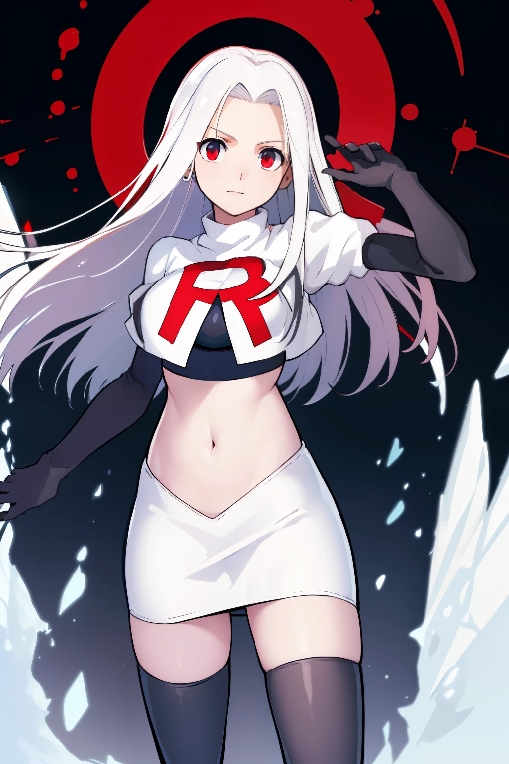 ((masterpiece,best quality)), absurdres, Irisviel_von_Einzbern, solo, looking at viewer, cowboy shot, cinematic composition, dynamic pose, team rocket,team rocket uniform,white skirt,red letter R,crop top,black thigh-highs,black elbow gloves