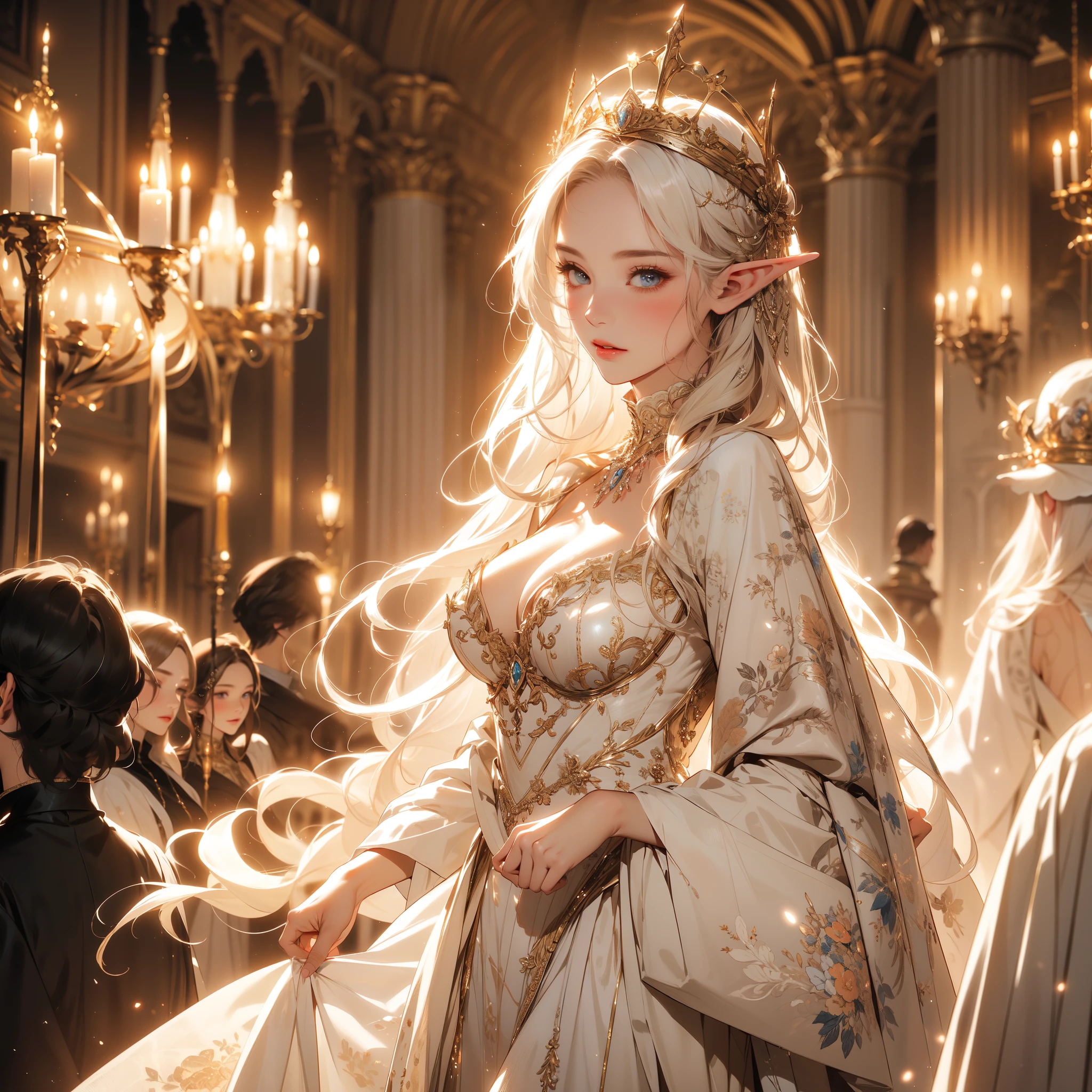 ((8k wallpaper of extremely detailed CG unit, masterpiece, hight resolution, top-quality, top-qualityのリアルテクスチャスキン)), (very beautiful and attractive elf queen),
In the grandeur of the palace, an ((elf)) queen strides down the hall with regal grace, flanked by a procession of ((knights standing at attention)). Their gestures of respect serve as a testament to the reverence they hold for their sovereign, (regal presence:1.2), (palace ambience), (detailed queen attire, dress gown over a turtleneck), ((respectful knights:1.3)), (royal atmosphere), (artistic presentation), (focused depth of field:1.2), (majestic aura:1.15), fantasy, by Yoji Shinkawa, detailed face, (messy, white shining hair, blue eyes, shining eyes, Plump lips, white-skinned, medium breast)
