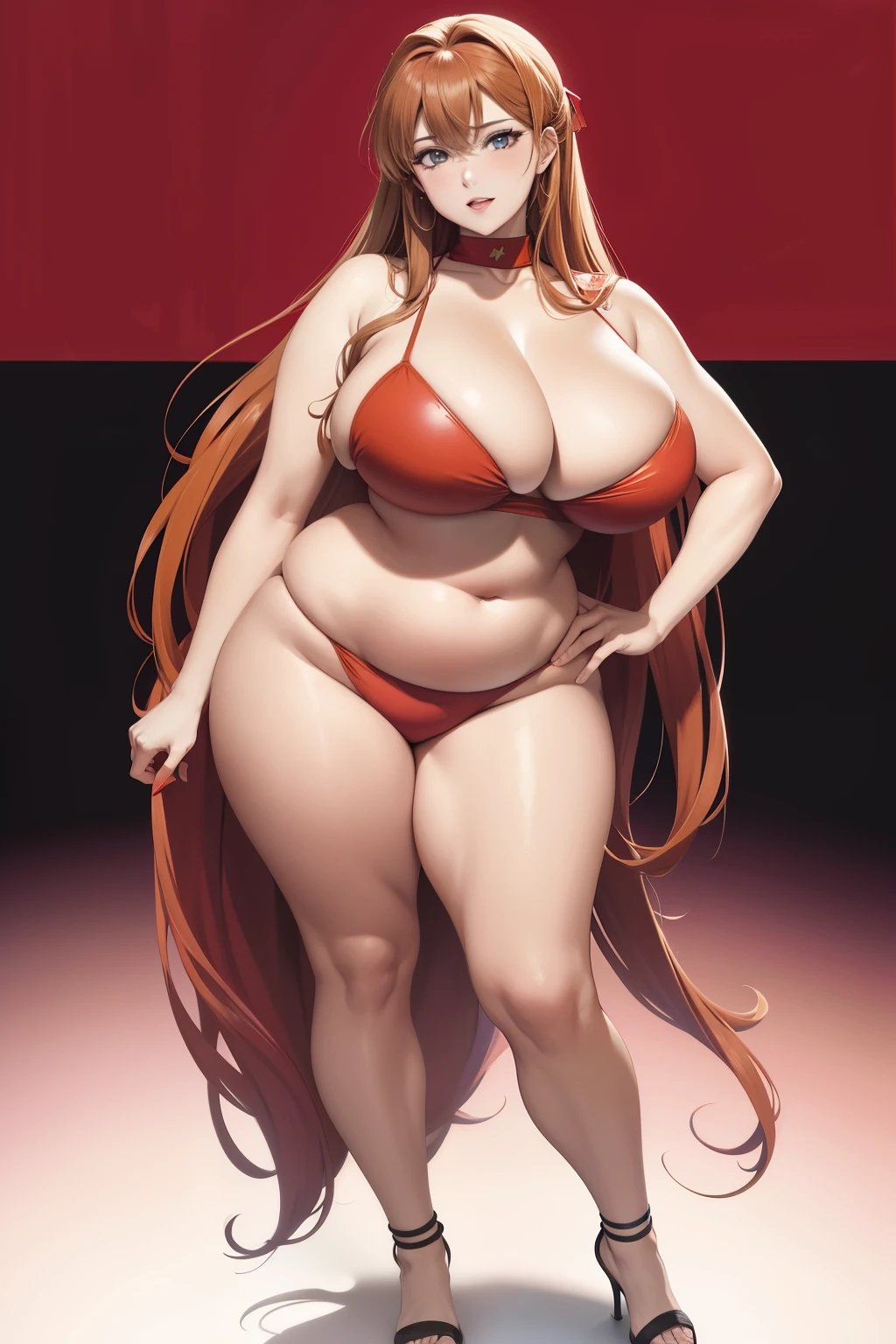Full body portrait photo of anime bbw girl in red bikini with long hair and big breasts, very fat curvy body, wide waist and wide hips, round and beautiful face, very similar portrait of asuka langley Soryu, asuka langley, anime female characters, Evangelion beautiful girl, That's Junji's style, Asuka from Evangelion, cel shaded anime
