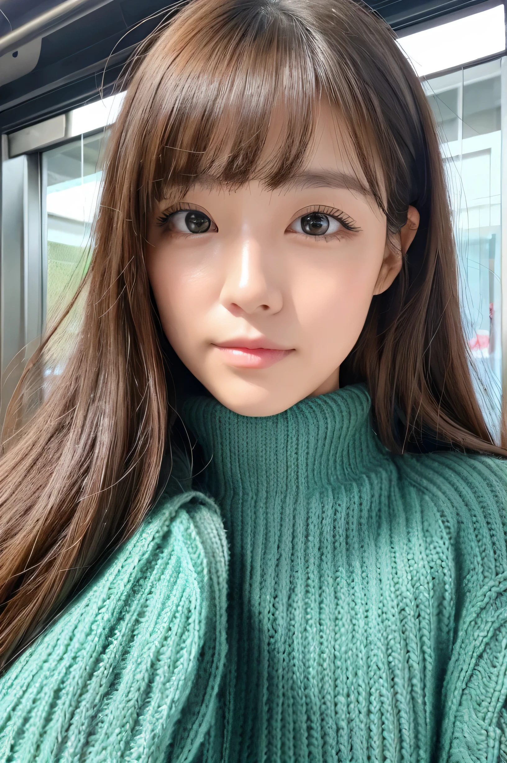 woman, super detailed face, droopy eyes, double eyelid, bangs、clear eyes、knit sweater、
