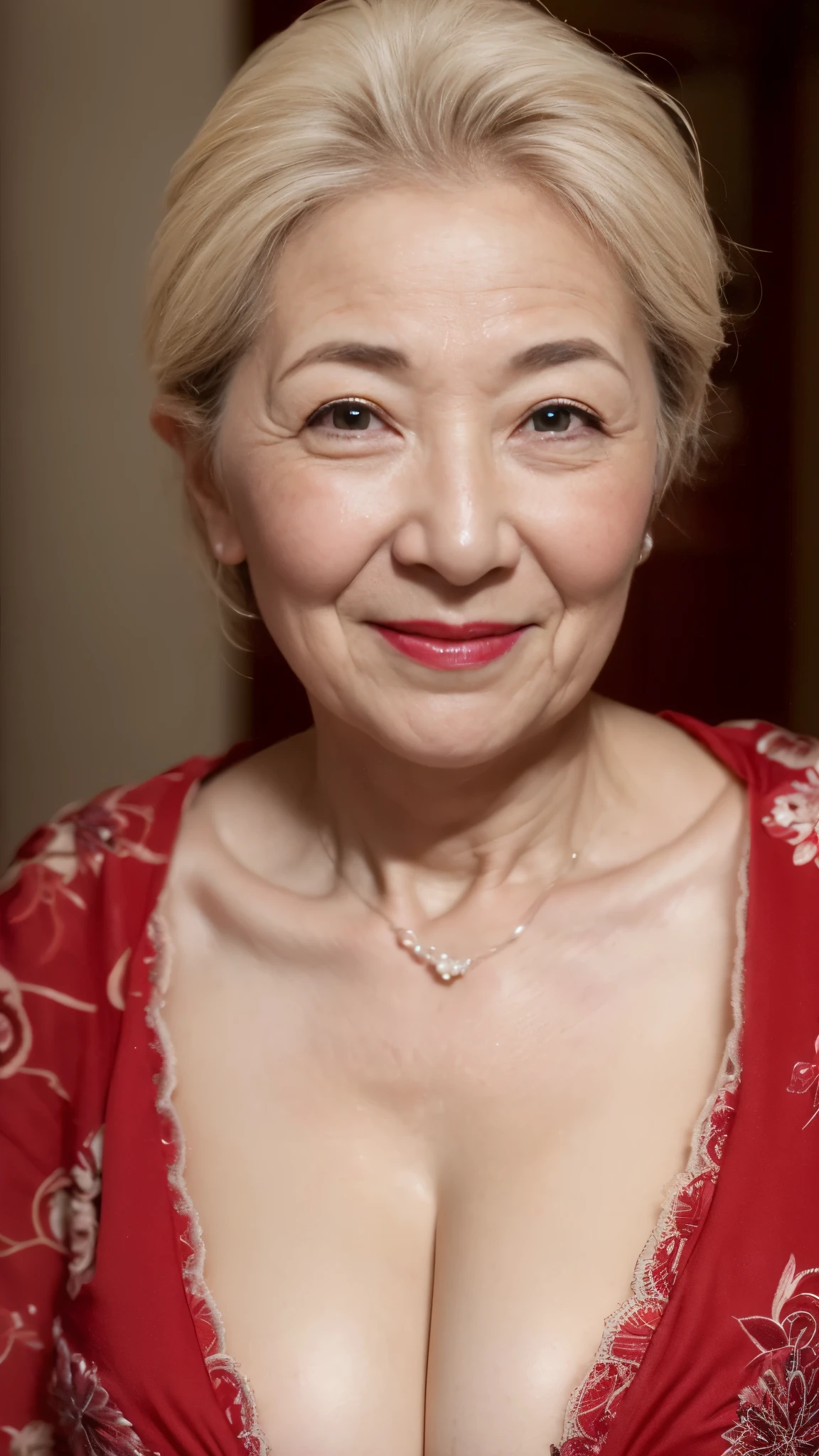 (((is in focus))):1.3, (((Grandmother))):1.3, (((beautiful woman))):1.5 Gravure, describe the lips correctly, red lipstick, The chest is abnormally large, In underwear, Elderly Mature Woman, Mature Woman, flashy face, highest quality, Super high quality, realistic, super dense skin, perfect description, (1 Japanese mature woman), (erotic), 100 years old, big breasts, Bewitching, Glamour, sexy, pure white skin, looking at the viewer,