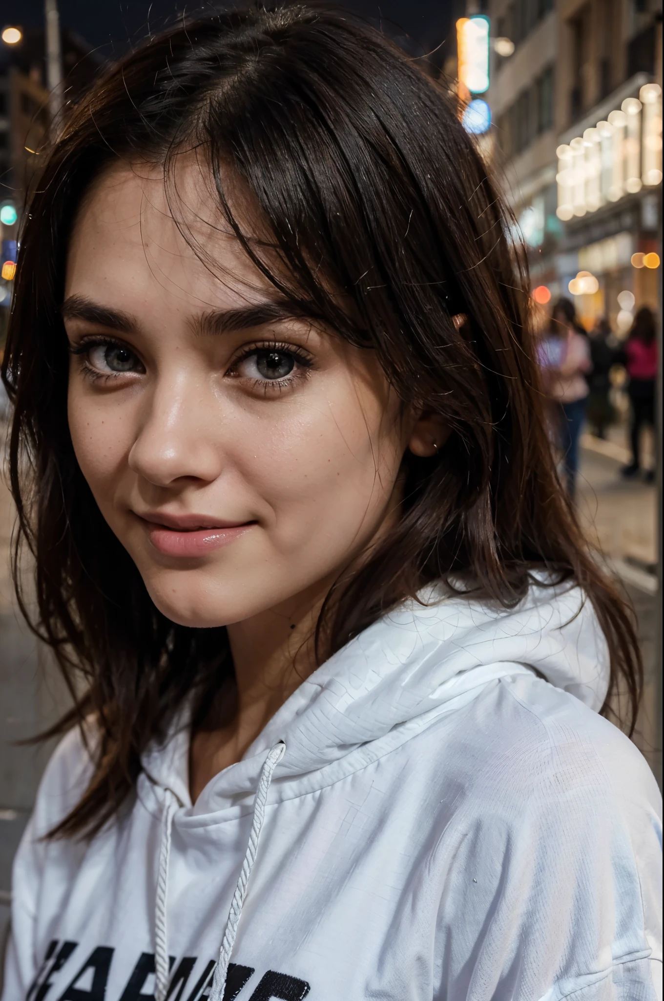 Realistic,dramatic lighting,1girl,solo,detailed face,realistic eyes,realistic skin,dynamic pose, dynamic angle, white sweatshirt, long hair cut, raw photo,a selfie taken with iphone camera,beautiful detailed eyes and face, smiling,Arafed woman completely, Ultra realistic, meticulously detailed, black hair and big eyes, selfie of a young woman, Camera eyes, no makeup, natural makeup, staring directly at camera, Face with Artgram, subtle makeup, ((best quality)) perfect face, with clothes, on the street at night