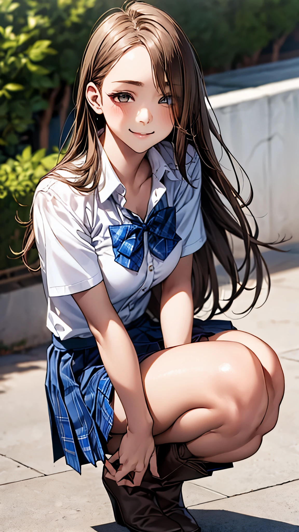 (masterpiece:1.2, top-quality), (realistic, photorealistic:1.4), beautiful illustration, (natural side lighting, movie lighting), 
looking at viewer, 1 girl, japanese, high school girl, perfect face, cute and symmetrical face, shiny skin, slender,
(middle hair:1.5, straight hair, light brown), parted bangs, long eye lasher, large breasts:0.8, 
beautiful hair, beautiful face, beautiful detailed eyes, beautiful clavicle, beautiful body, beautiful chest, beautiful thigh, beautiful legs, beautiful fingers, 
((short sleeve collared white shirt, school uniform, blue checked pleated skirt, blue plaid bow tie), white boots), pink panties, 
(beautiful scenery), morning, (down town), squatting, (cute, lovely smile, upper eyes), 