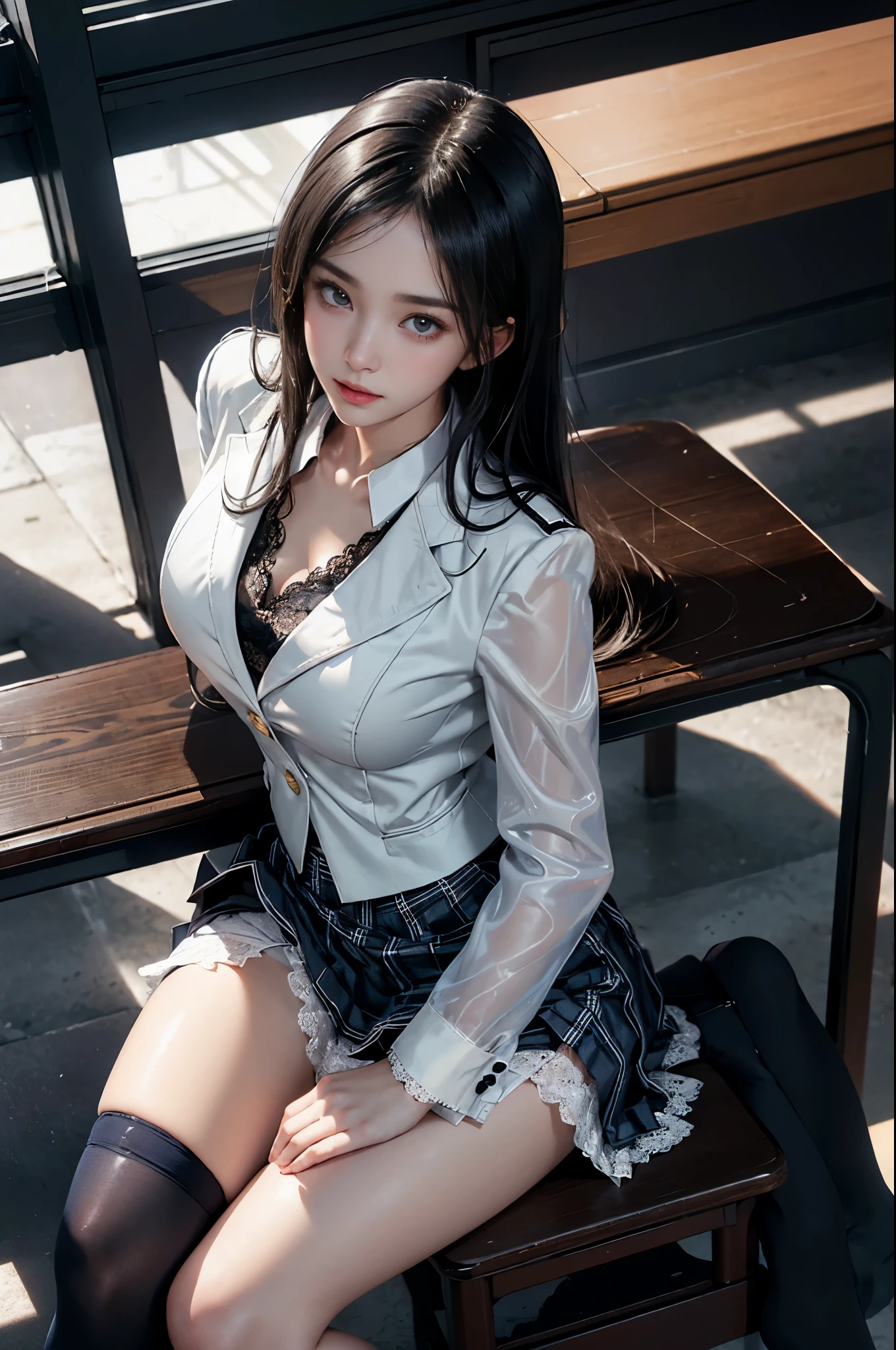 (( Female student sitting at desk with legs apart in classroom)),Charming eyes,Heartwarming action,Turn your face away from the camera,stooped,Bend over,turn back,Look up at your head,thick and long black hair,Highly detailed body,Highly detailed face,best qualtiy、(P iNK underwear),(High School Girls),((White Blazer、emblem on breasts))、((Translucent blouse)),,((navy check flare skirt)),(Black stockings)、((White lace panties are visible))