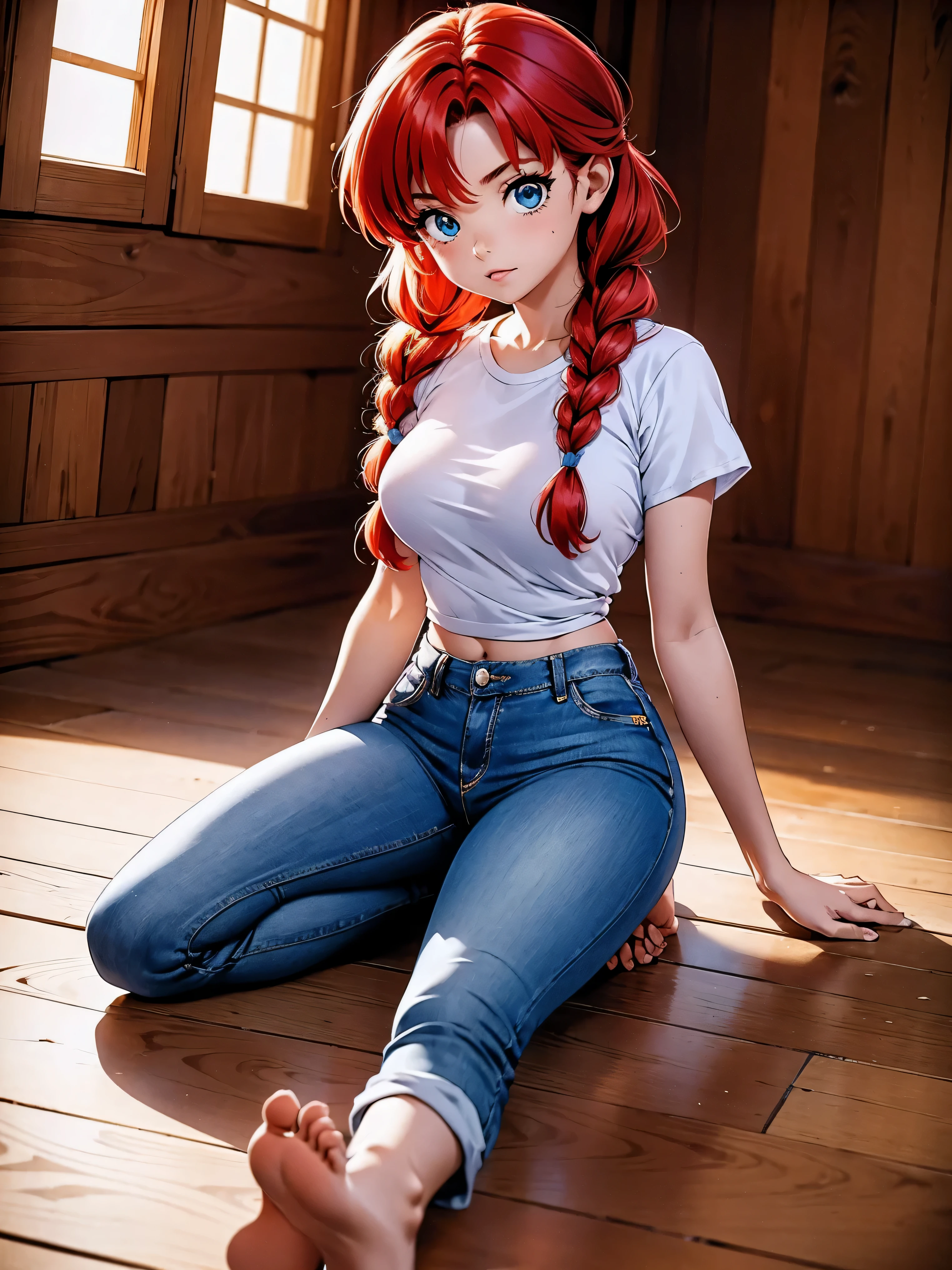 Garota anime ruiva com bermuda jeans azul e blusa purple roxa, 16 anos, agachada, sentada com pernas cruzadas, corpo bonito, seios grandes, with your hands behind your head, running your hands through your hair, garota sexy, red hair with braid, gorgeous lighting, sombras suaves, olhos azuis, pernas bonitas, hair with braid, estilo anime, Ranma Chan, Autora Rumiko Takahashi, Baseado em obra de Rumiko Takahashi, Anime Ranma 1/ 2, decote sexy, quadril robusto, corpo inteiro, corpo completo, busto grande, garota jovem com corpo belo e bonito, sandals on the feet, garota 16 anos jovem baixa estatura, vestindo bermuda jeans azul e blusa purple roxa linda, garota anime, estilo anime, beautiful feet in sandals, sitting on the floor, viewing angle 45°