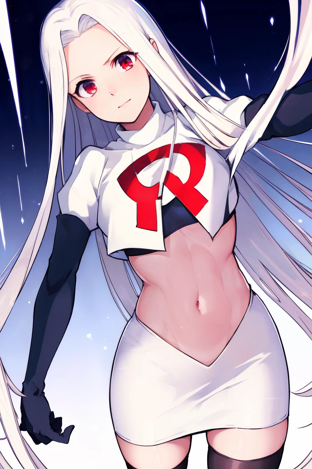 ((masterpiece,best quality)), absurdres, Irisviel_von_Einzbern, solo, looking at viewer, cowboy shot, cinematic composition, dynamic pose, team rocket,team rocket uniform,white skirt,red letter R,crop top,black thigh-highs,black elbow gloves