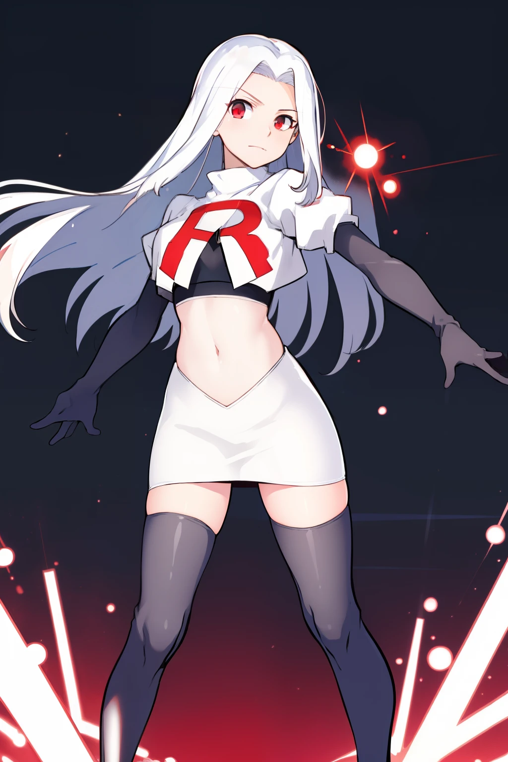 ((masterpiece,best quality)), absurdres, Irisviel_von_Einzbern, solo, looking at viewer, cowboy shot, cinematic composition, dynamic pose, team rocket,team rocket uniform,white skirt,red letter R,crop top,black thigh-highs,black elbow gloves