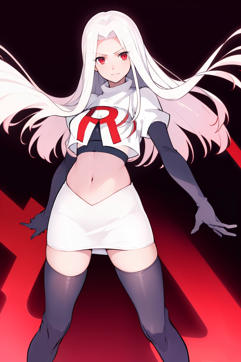 ((masterpiece,best quality)), absurdres, Irisviel_von_Einzbern, solo, looking at viewer, cowboy shot, cinematic composition, dynamic pose, team rocket,team rocket uniform,white skirt,red letter R,crop top,black thigh-highs,black elbow gloves