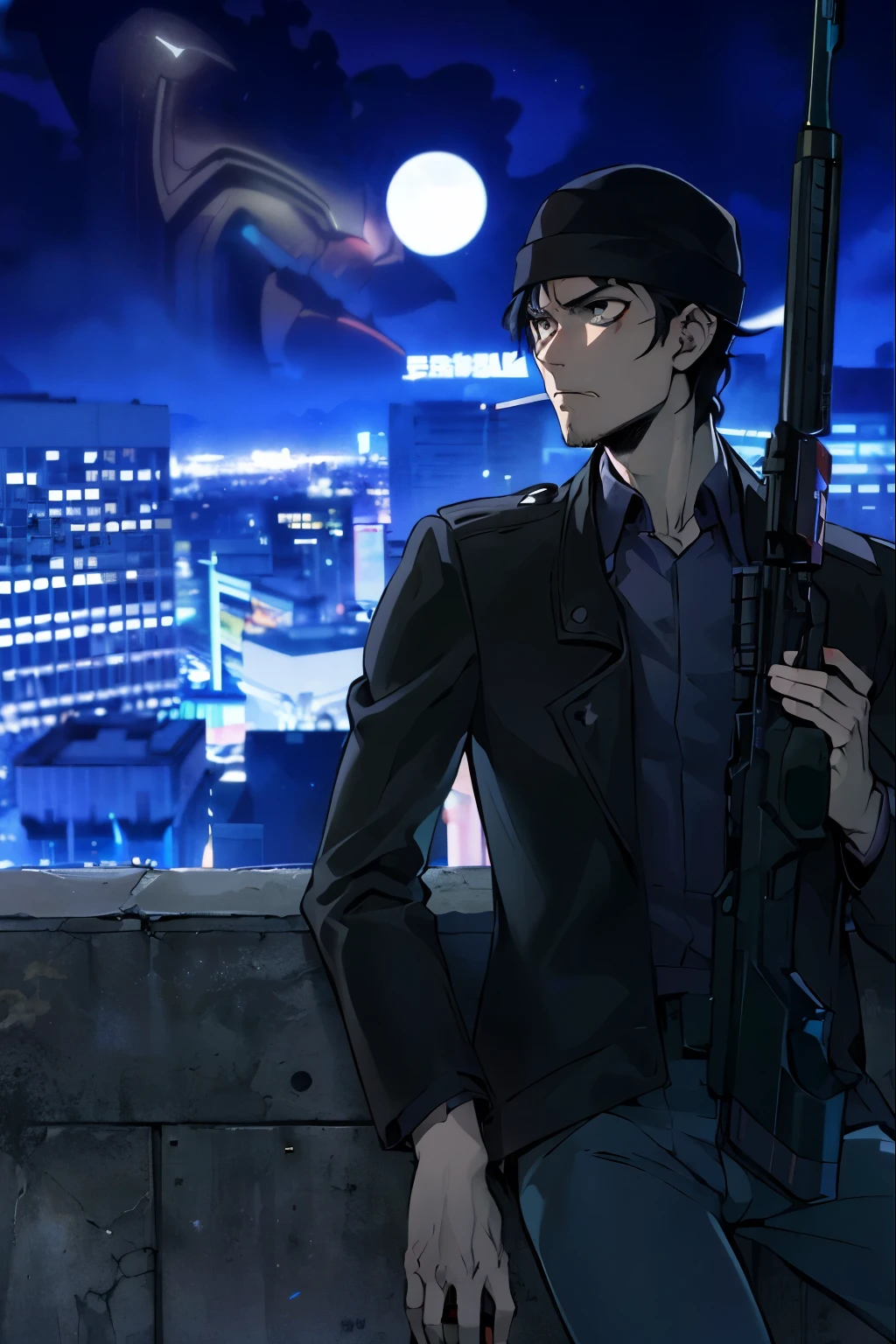 anime man with gun on rooftop overlooking city at night, modern cyberpunk anime, spike spiegel, beaten tech. neo noir style, trigger anime artstyle, style of red line anime movie, metal gear solid anime cyberpunk, anime concept hdr anime macmanus, he's a hitman in peacoat, tall anime guy with blue eyes, neo noir style, sharp high quality anime