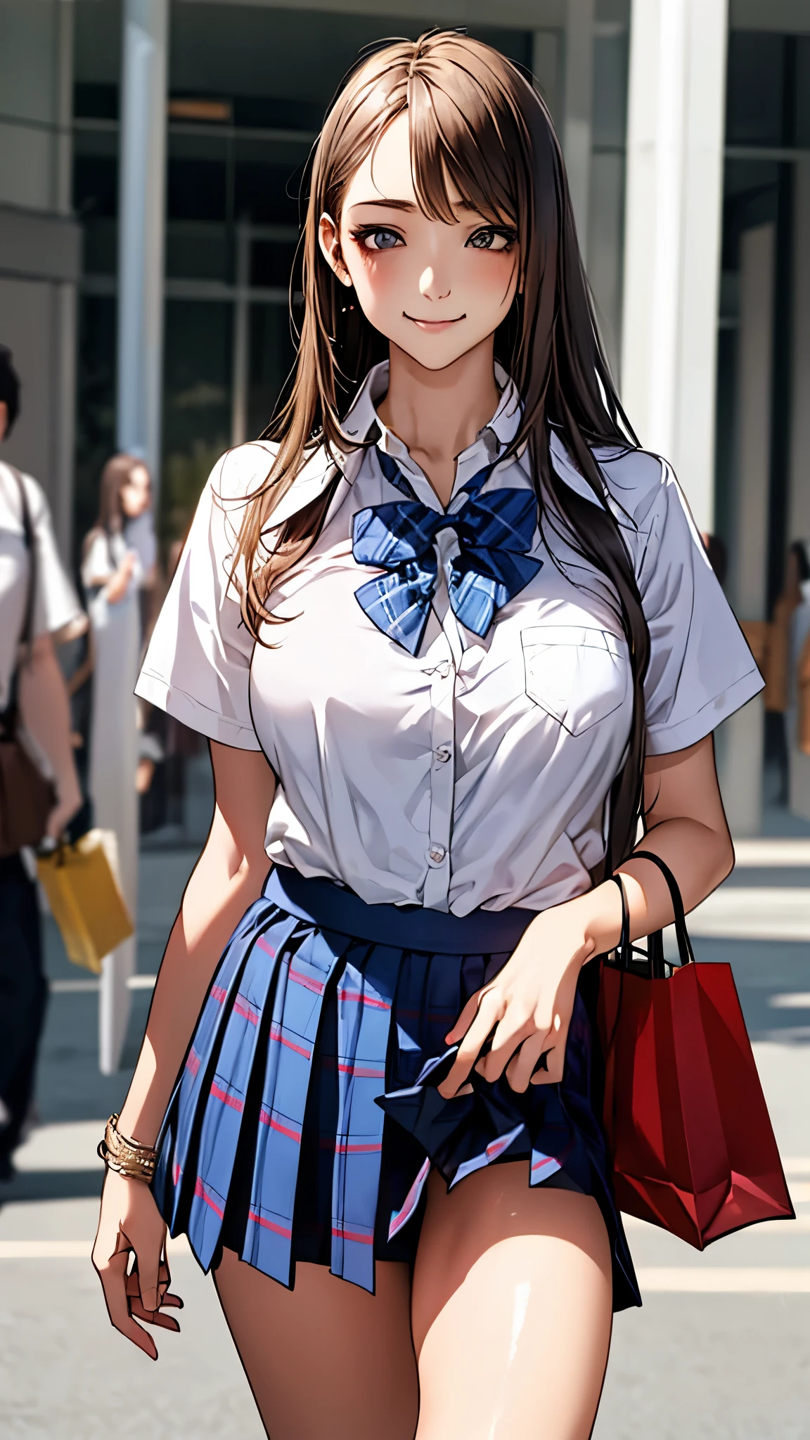 (masterpiece:1.2, top-quality), (realistic, photorealistic:1.4), beautiful illustration, (natural side lighting, movie lighting), 
looking at viewer, 1 girl, japanese, high school girl, perfect face, cute and symmetrical face, shiny skin, slender,
(middle hair:1.5, straight hair, light brown), parted bangs, long eye lasher, large breasts:0.8, 
beautiful hair, beautiful face, beautiful detailed eyes, beautiful clavicle, beautiful body, beautiful chest, beautiful thigh, beautiful legs, beautiful fingers, 
((short sleeve collared white shirt, school uniform, blue checked pleated skirt, blue plaid bow tie), white boots), pink panties, 
(beautiful scenery), morning, (shopping mall), walking, (cute, lovely smile, upper eyes), 