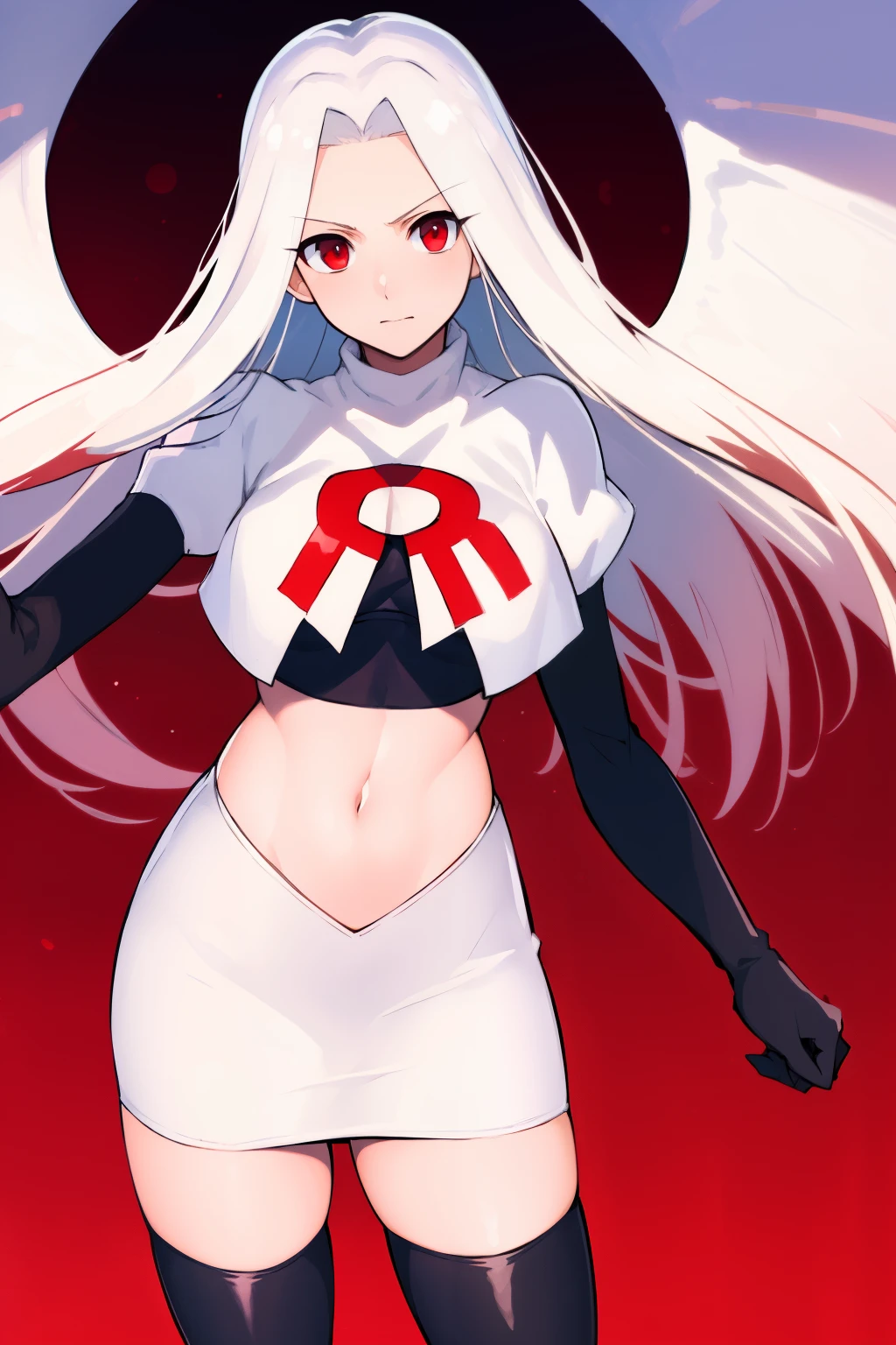 ((masterpiece,best quality)), absurdres, Irisviel_von_Einzbern, solo, looking at viewer, cowboy shot, cinematic composition, dynamic pose, team rocket,team rocket uniform,white skirt,red letter R,crop top,black thigh-highs,black elbow gloves