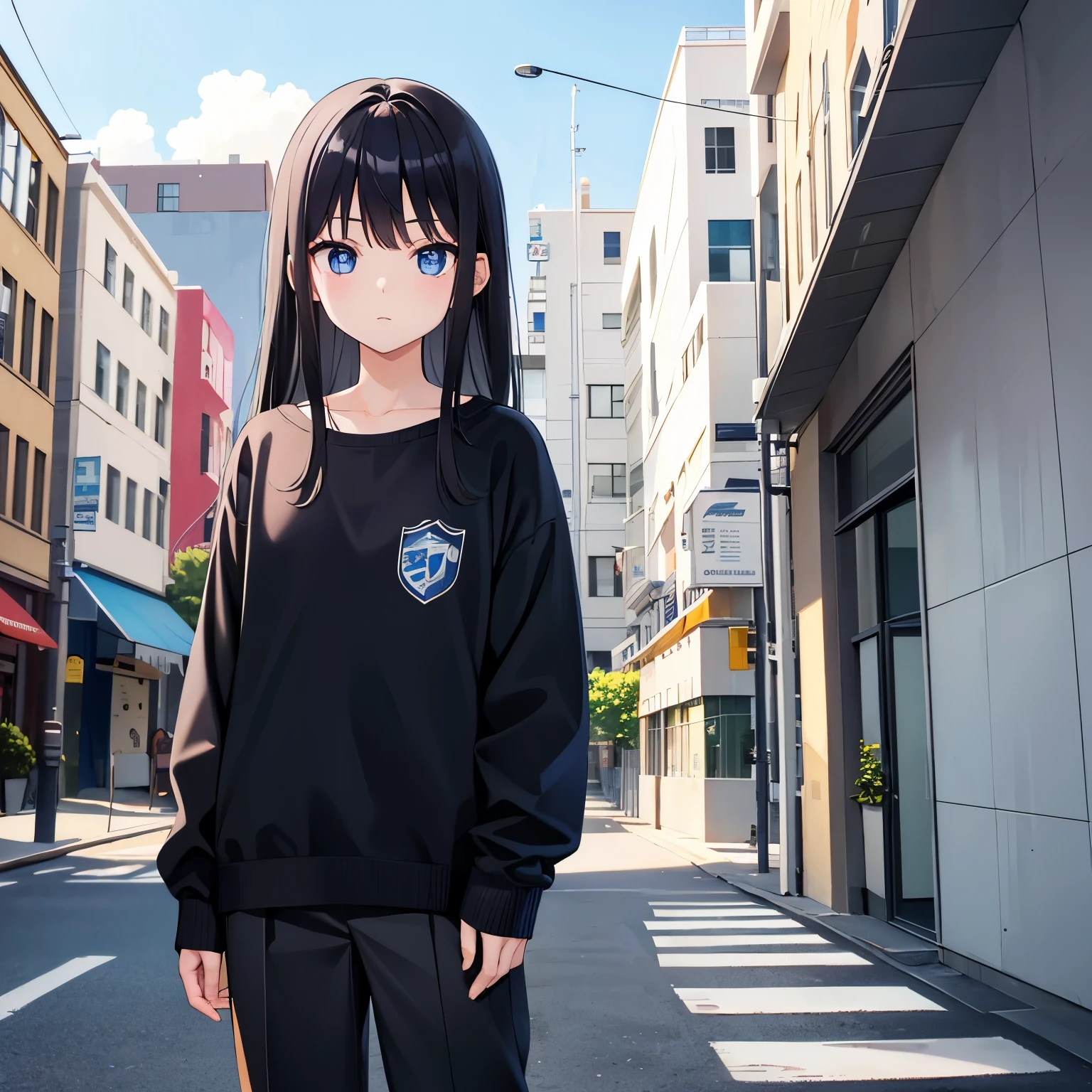 eye color is blue 11years old 1girl hair color is black hair length is medium Elementary school student long pants young face