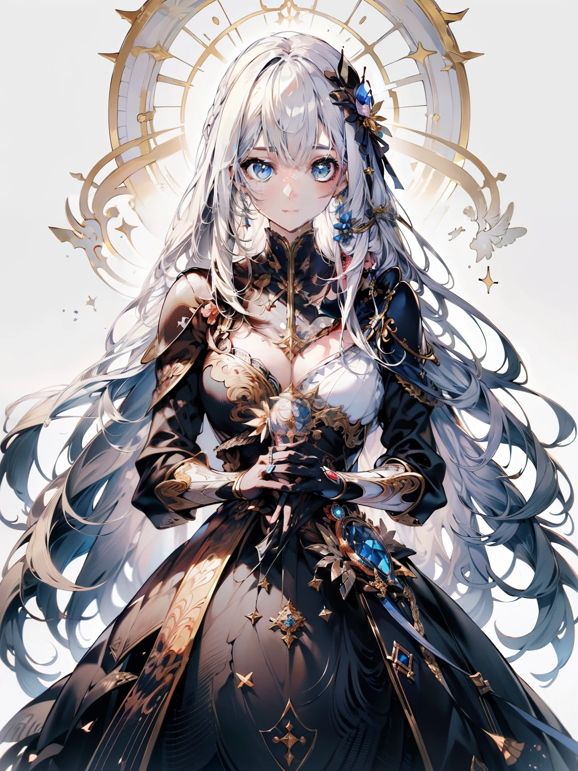 official art, ヨーロッパのmasterpiece女性,, light silver hair , deep blue eyes, (masterpiece、highest quality、High resolution: 1.4),In 8K, anime art nouveau, Highly detailed exquisite fan art, anime fantasy illustration, clean detailed anime art, detailed anime art, sharp focus of a person, delicate Beautiful Hair and Eyes and Face, realistic, super detailed, flower garden,((delicate, delicateで可愛い手)),((elegant shiny dress)),((Lots of races)),((lots of frills)),((lots of ribbons)),Hold a large sword with both hands