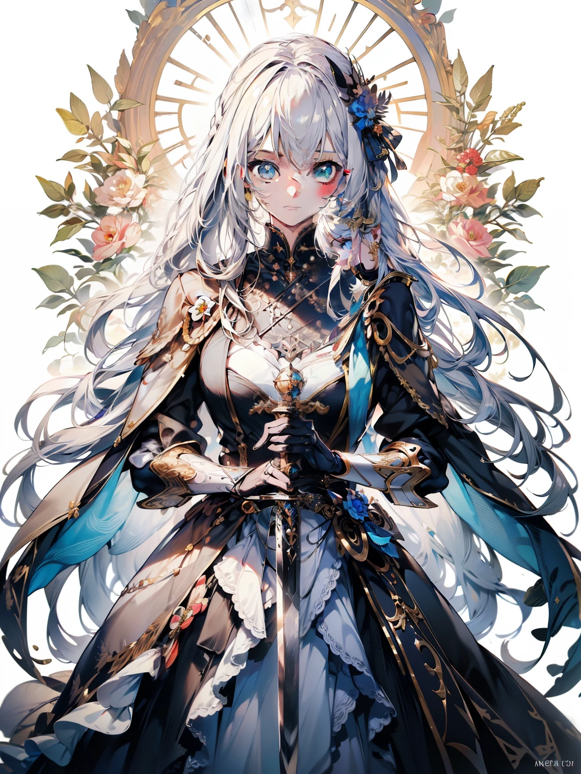 official art, ヨーロッパのmasterpiece女性,, light silver hair , deep blue eyes, (masterpiece、highest quality、High resolution: 1.4),In 8K, anime art nouveau, Highly detailed exquisite fan art, anime fantasy illustration, clean detailed anime art, detailed anime art, sharp focus of a person, delicate Beautiful Hair and Eyes and Face, realistic, super detailed, flower garden,((delicate, delicateで可愛い手)),((elegant shiny dress)),((Lots of races)),((lots of frills)),((lots of ribbons)),Hold a large sword with both hands