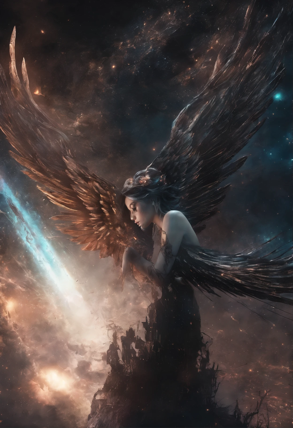 Fallen angel in space, glowing light eyes, oil biomechanics, eerie, creepy, nightmarish, very bright colors, light particles, water particles, light sparkles and, Musif, wallpaper art, UHD wallpaper