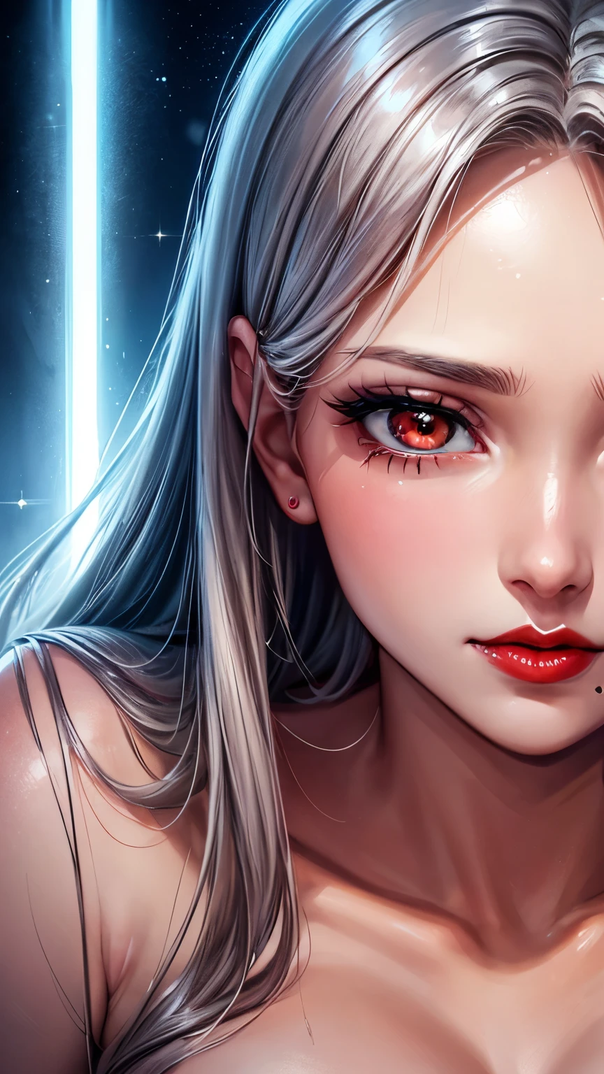 Woman, 30 years, adult, sexy princess, nigth, soft ligth, wet with melted white chocolate, saliva, red lips, face detail, rolling eyes, close-up