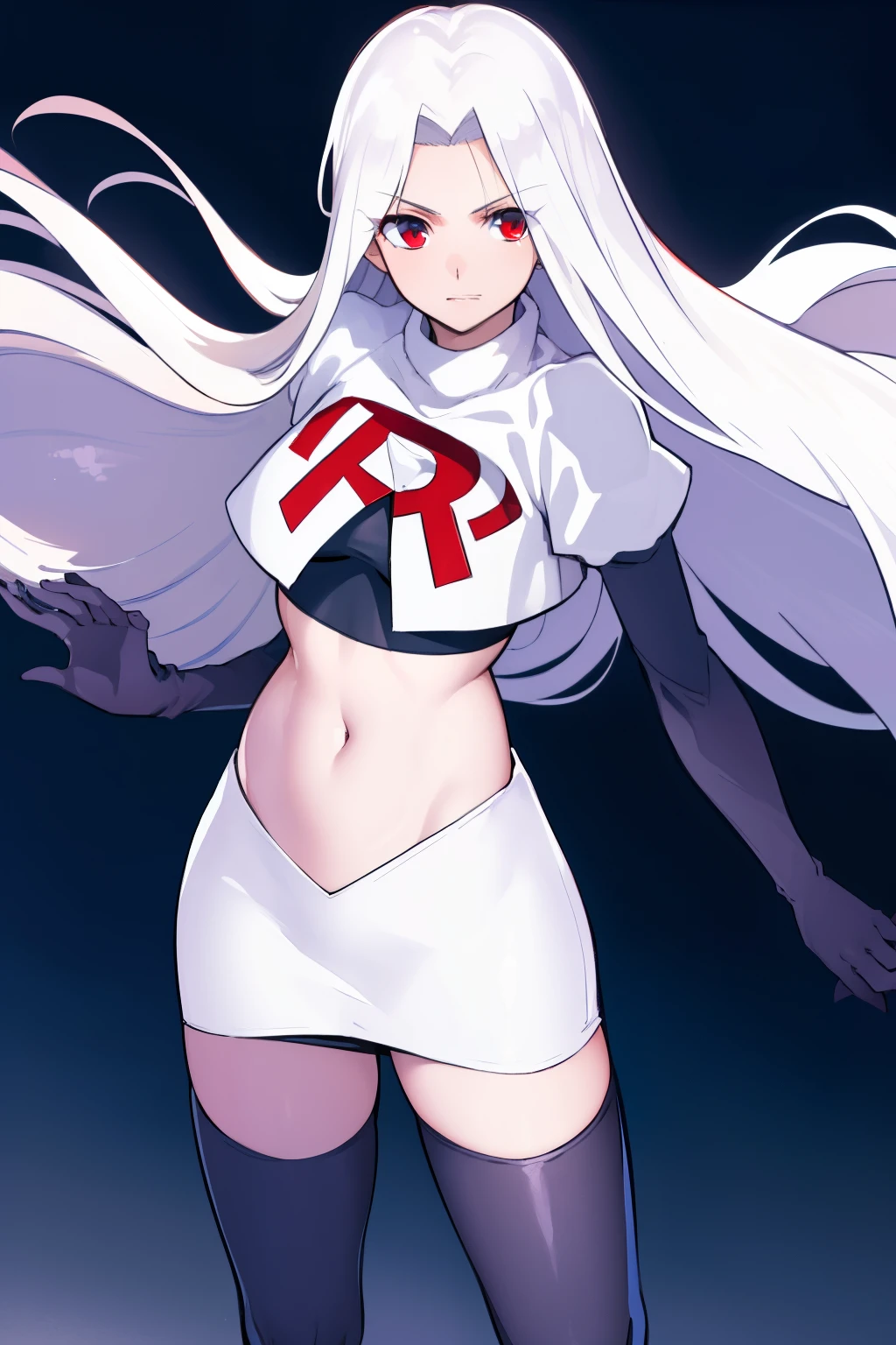 ((masterpiece,best quality)), absurdres, Irisviel_von_Einzbern, solo, looking at viewer, cowboy shot, cinematic composition, dynamic pose, team rocket,team rocket uniform,white skirt,red letter R,crop top,black thigh-highs,black elbow gloves