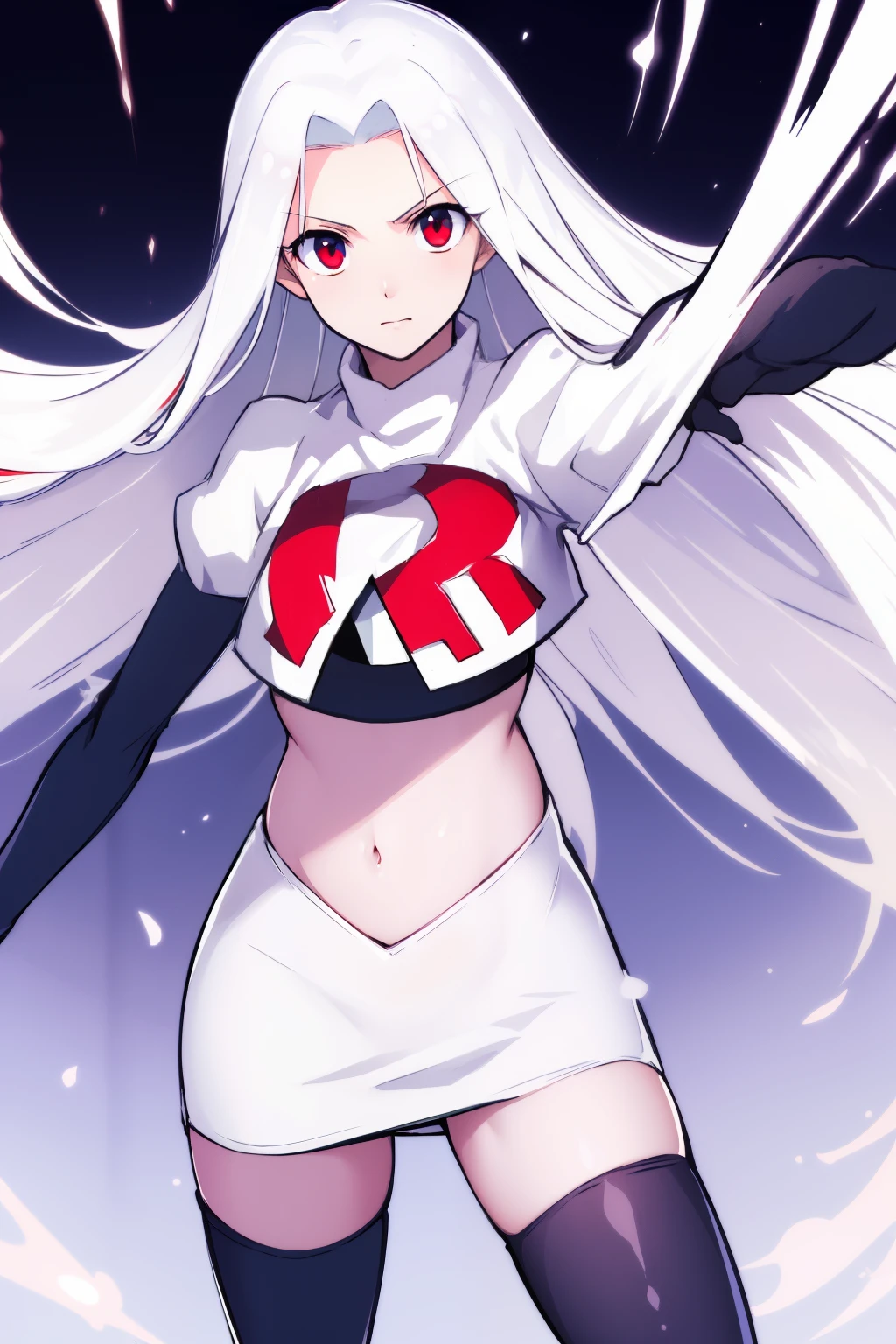 ((masterpiece,best quality)), absurdres, Irisviel_von_Einzbern, solo, looking at viewer, cowboy shot, cinematic composition, dynamic pose, team rocket,team rocket uniform,white skirt,red letter R,crop top,black thigh-highs,black elbow gloves