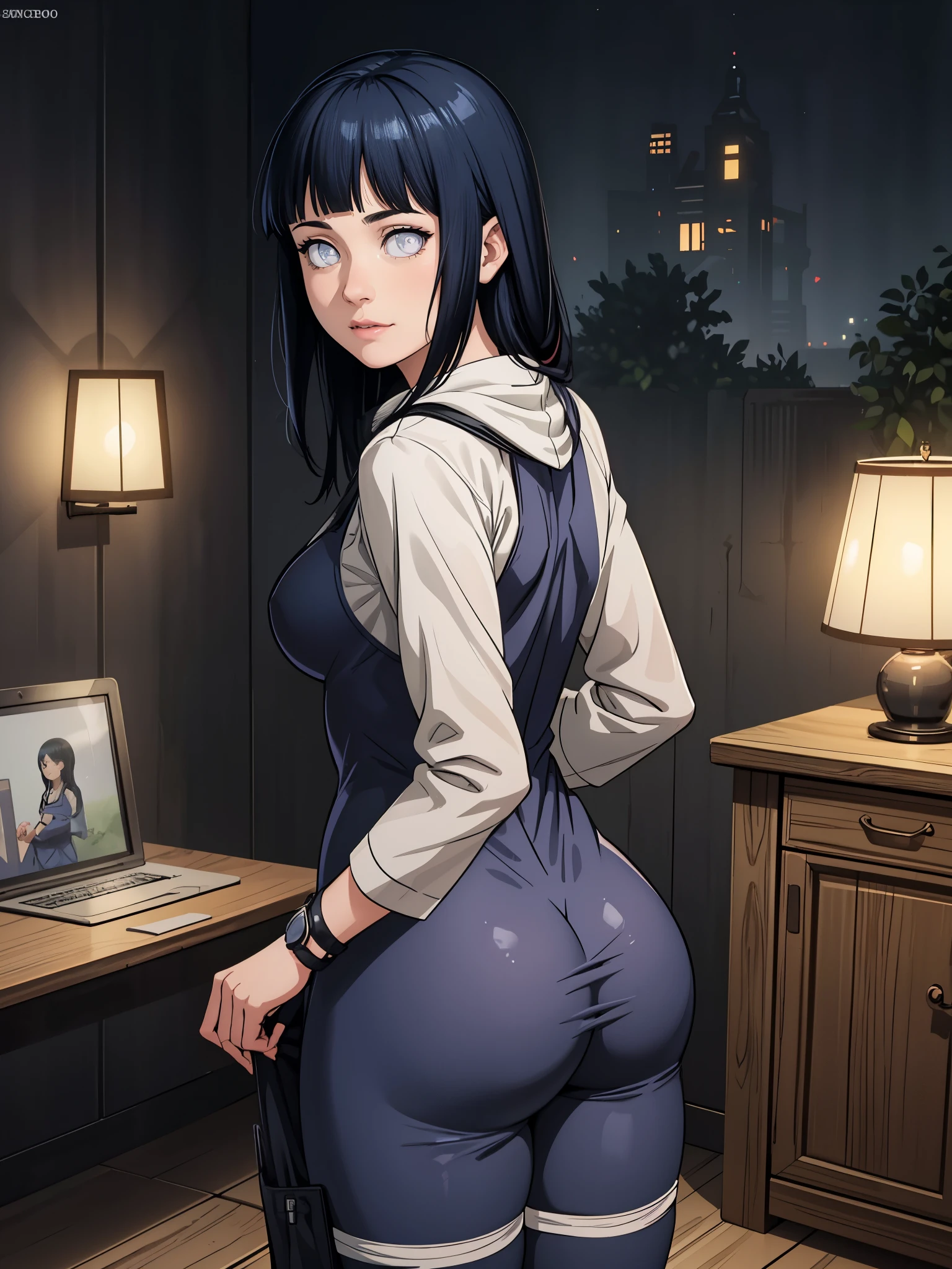 ((masterpiece)), (best quality),, official art, extremely detailed CG unity 8k wallpaper, highly detailed, shiny skin, Depth of field, vivid color,, 1girl, (curvy:0.6), (full body:0.8), portrait sophie mudd, casual pose, gorgeous young model, cute young woman, a beautiful -aged girl, very pretty model, young , cute young girl, beautiful young girl, beautiful model, long black/blue hair, dark hair, shiny hair, young and cute girl, girl, Hinata, Naruto, Hinata anime, anime, high shadow texturing, shadows included, looking epic, epic background, epic place, single person, nobody else, wearing cute dress, adorable, kawaii, cute, proud, happy, definision of happines, rainy day, rain, light source, epic lighting, sunning, 18+ , epic background, super epic backgorund, backgorund theme, suepr shadowing, shadows, dynamic lighting, light face, light outline lines, realistic, hyper detailer, high details, wearing bodysuit or swimsuit, trying to show her ass, background: living room laying on bed