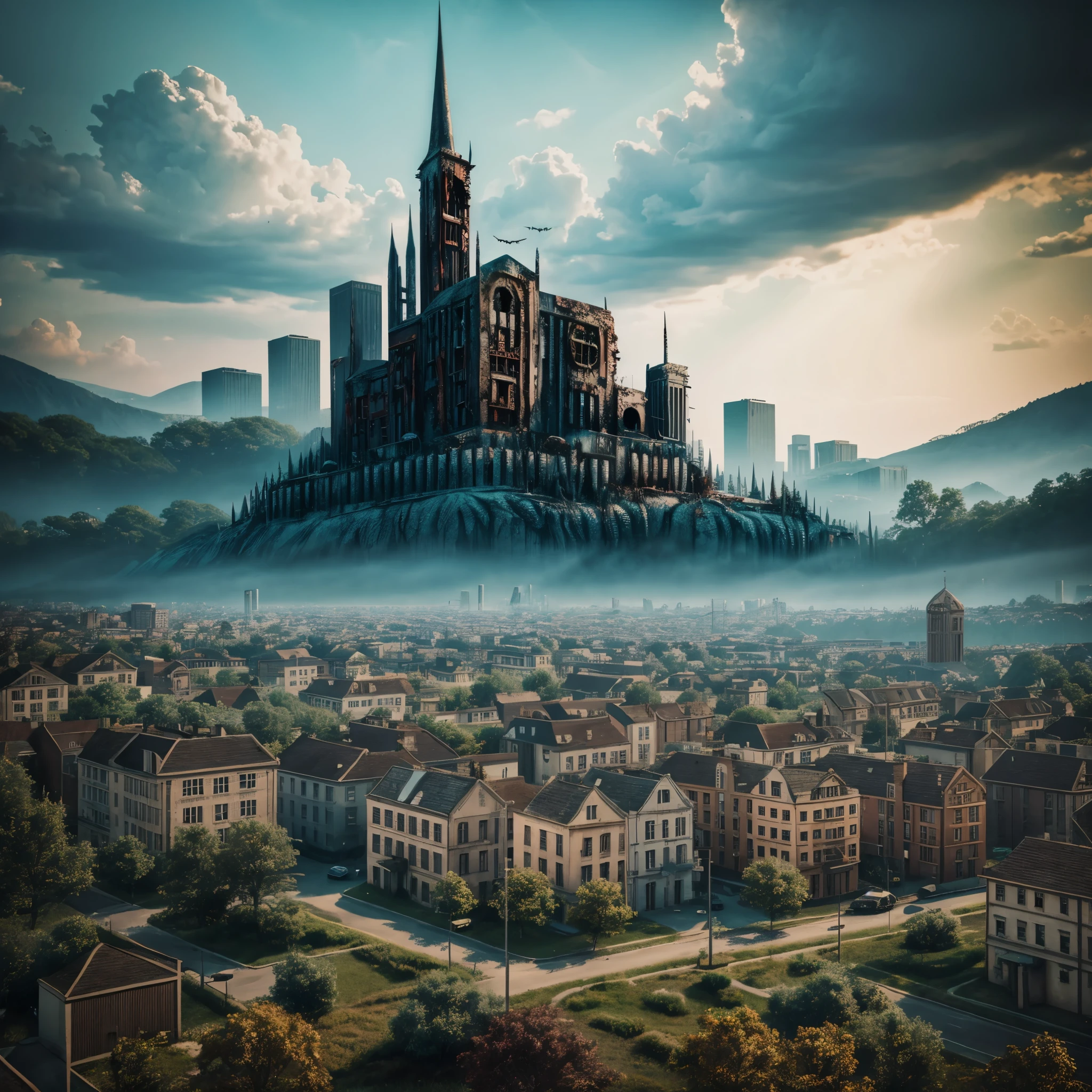 Landscape with buildings, (Analogue Horror:1.6), hyper realistic, 8k, vibrant colors, sharp image