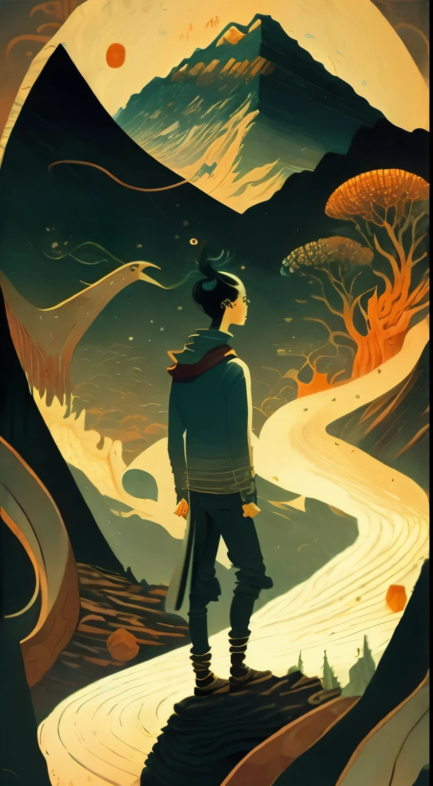 a painting of a guy standing in front of a mountain with a river running through it by Victo Ngai