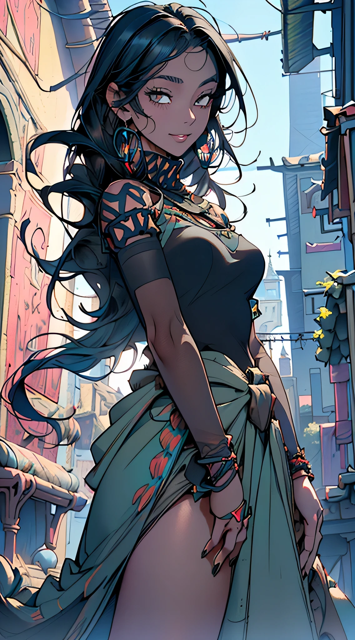 Rina, Anime screencap, masterpiece, best quality, detailed face, detailed eyes, 1girl, solo, standing, long hair, dark skin, black top, teasing smile, green pareo, sleeves, walking towards an alley, follow me gesture, cowboy shot, outdoors, medieval town ,((((black hair:1.35,messy hair,colored inner hair,absurdly long unkempt hair,dark hair,black hair,very long hair,voluminous hair,Thick hair,Dense hair,long hair)))),(((turquoise_eyes:1.3))),intricate eyes,beautiful detailed eyes,symmetrical eyes,big eyes:1.5,(((lustrous skin:1.5,bright skin: 1.5,skin tanned,shiny skin,very shiny skin,shiny body,plastic glitter skin,exaggerated shiny skin,illuminated skin))),(detailed body,(detailed face)),

cute,slutty,erotic,daring,(nsfw),

revealing clothing,show skin,(((modern princess,turquoise diadem,Sexy turquoise fur sweater, turquoise fur sweater outfit, wearing a turquoise fur sweater:1.3,turquoise winter sweater))), ((skirt,visible thong straps)),((underpants strap)),(arabian clothes,semi-naked,with little blue clothing,((((furry edge clothing)))),(arabian jewelry,intricate necklace),(((intricate outfit,intricate clothes,embroidered outfit,ornate outfit))),

(dynamic pose:1.0),embarrassed,(centered,scale to fit dimensions,Rule of thirds),

inside,indoor,((room in a palace in Arabia)),scenery:1.25,((intricate scenery)),((winter decorations)),Christmas tree,

(Glossy winter ornaments),highres,sharp focus,(ultra detailed,extremely detailed),(photorealistic artwork:1.37),(extremely detailed CG unity 8k wallpaper),(((vibrant colors,vibrant theme))),(intricate),(masterpiece),(best quality),