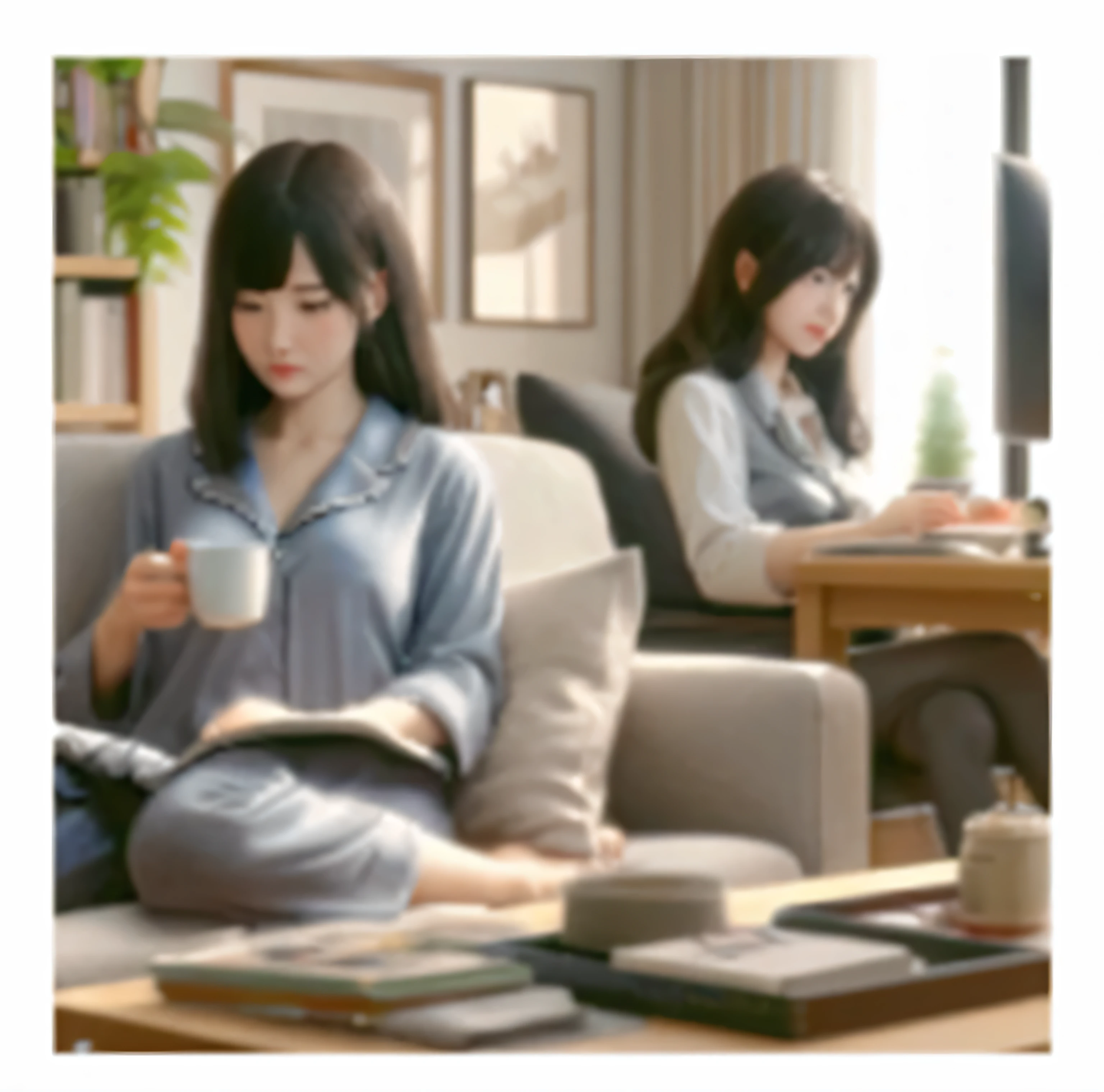 かわいい女of子がソファでくつろいでいます、of 'AI clones are working behind the scenes.