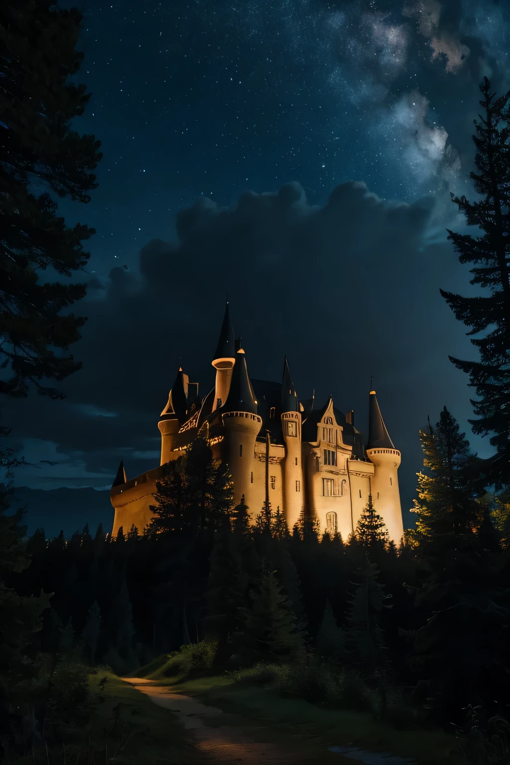 old castle in the middle of a dark forest at night