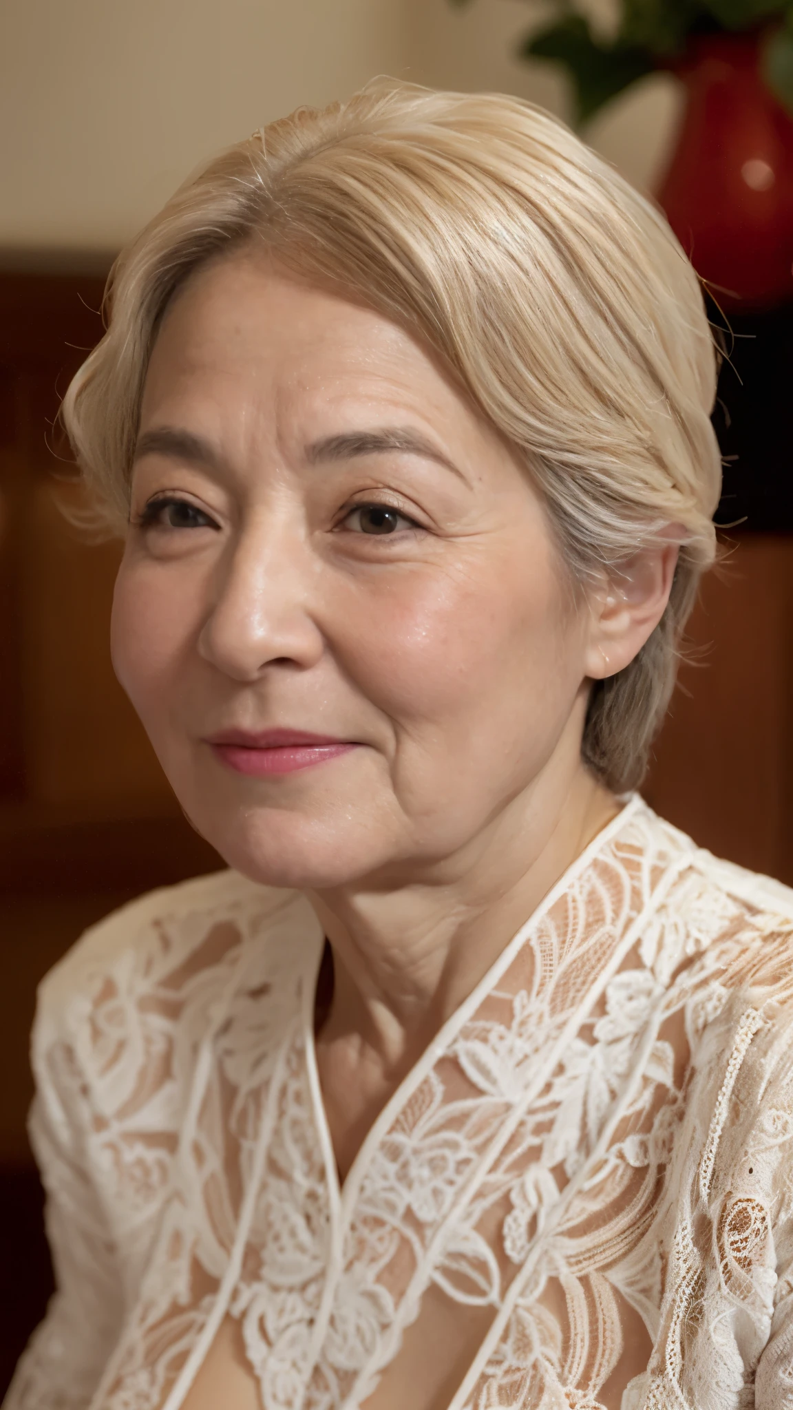 (((is in focus))):1.3, (((Grandmother))):1.3, (((beautiful woman))):1.5 Gravure, describe the lips correctly, red lipstick, The chest is abnormally large, In underwear, Elderly Mature Woman, Mature Woman, flashy face, highest quality, Super high quality, realistic, super dense skin, perfect description, (1 Japanese mature woman), (erotic), 100 years old, big breasts, Bewitching, Glamour, sexy, pure white skin, looking at the viewer,