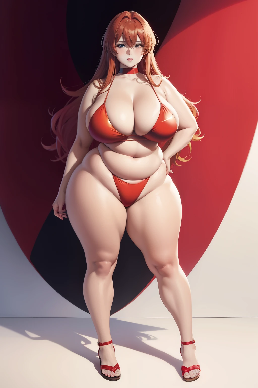 Full body portrait photo of anime bbw girl in red bikini with long hair and big breasts, very fat curvy body, wide waist and wide hips, round and beautiful face, very similar portrait of asuka langley Soryu, asuka langley, anime female characters, evangelion beautiful girl, that'Junji'Style, Asuka from Evangelion, cel shaded anime