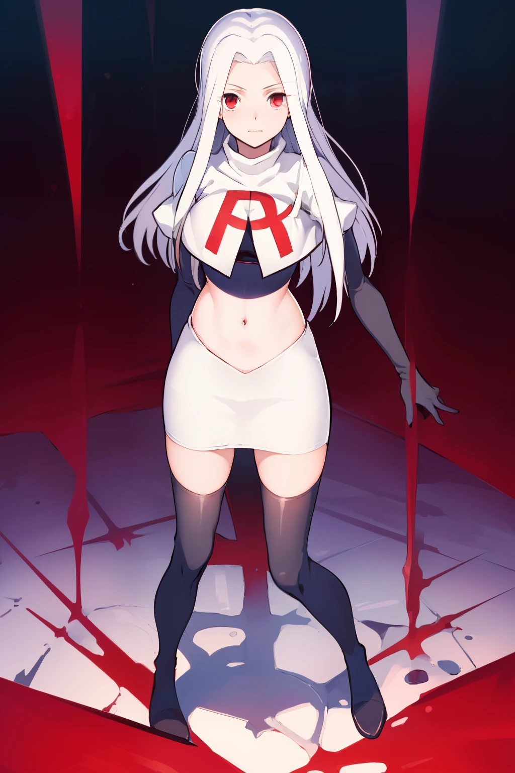 ((masterpiece,best quality)), absurdres, Irisviel_von_Einzbern, solo, looking at viewer, cowboy shot, cinematic composition, dynamic pose, team rocket,team rocket uniform,white skirt,red letter R,crop top,black thigh-highs,black elbow gloves