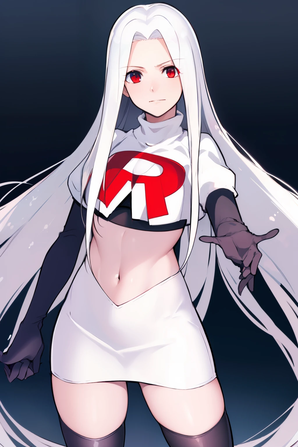 ((masterpiece,best quality)), absurdres, Irisviel_von_Einzbern, solo, looking at viewer, cowboy shot, cinematic composition, dynamic pose, team rocket,team rocket uniform,white skirt,red letter R,crop top,black thigh-highs,black elbow gloves