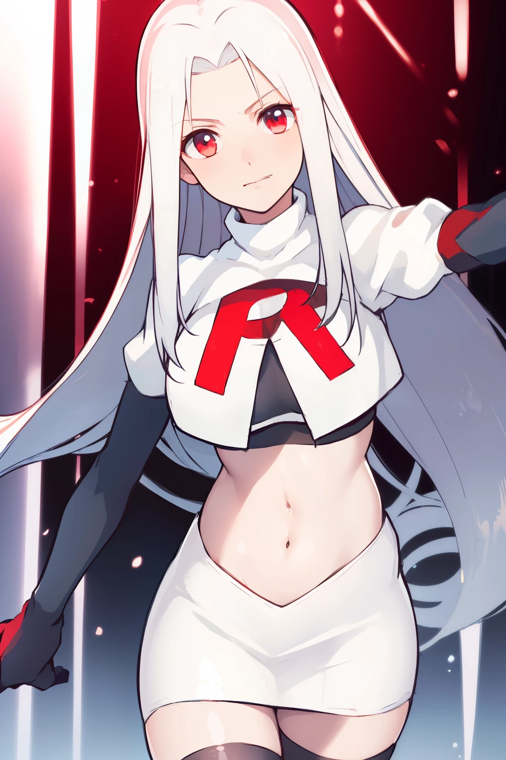 ((masterpiece,best quality)), absurdres, Irisviel_von_Einzbern, solo, looking at viewer, cowboy shot, cinematic composition, dynamic pose, team rocket,team rocket uniform,white skirt,red letter R,crop top,black thigh-highs,black elbow gloves