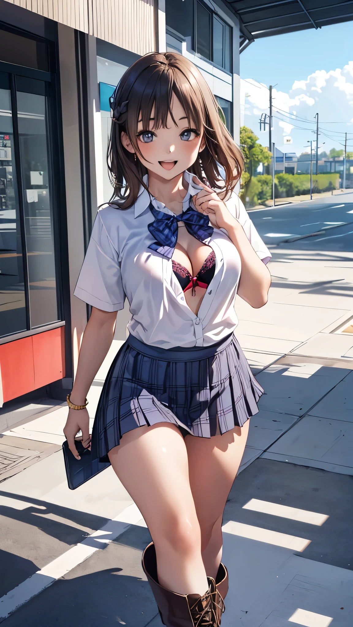 (masterpiece:1.2, top-quality), (realistic, photorealistic:1.4), beautiful illustration, (natural side lighting, movie lighting),
looking at viewer, 1 girl, japanese, high school girl, perfect face, cute and symmetrical face, shiny skin, slender,
(middle hair:1.5, straight hair, light brown), parted bangs, long eye lasher, large breasts:0.8,
beautiful hair, beautiful face, beautiful detailed eyes, beautiful clavicle, beautiful body, beautiful chest, beautiful thigh, beautiful legs, beautiful fingers,
((short sleeve collared white shirt, open shirt, blue plaid pleated skirt, blue plaid bow tie), white boots), purple bra, purple panties,
(beautiful scenery), morning, (shopping mall), walking, (cute, lovely smile, upper eyes, open mouth),