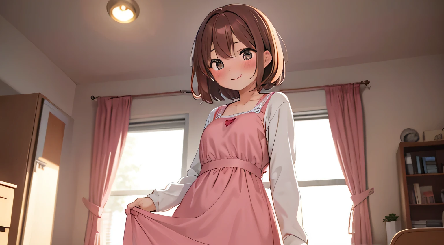 girl, high school student,alOne, One&#39;Home, indoors, pink dress, blush,Standing facing the front,brown hair,short hair, smile, blush, blurred background, curtain,Backlight, 