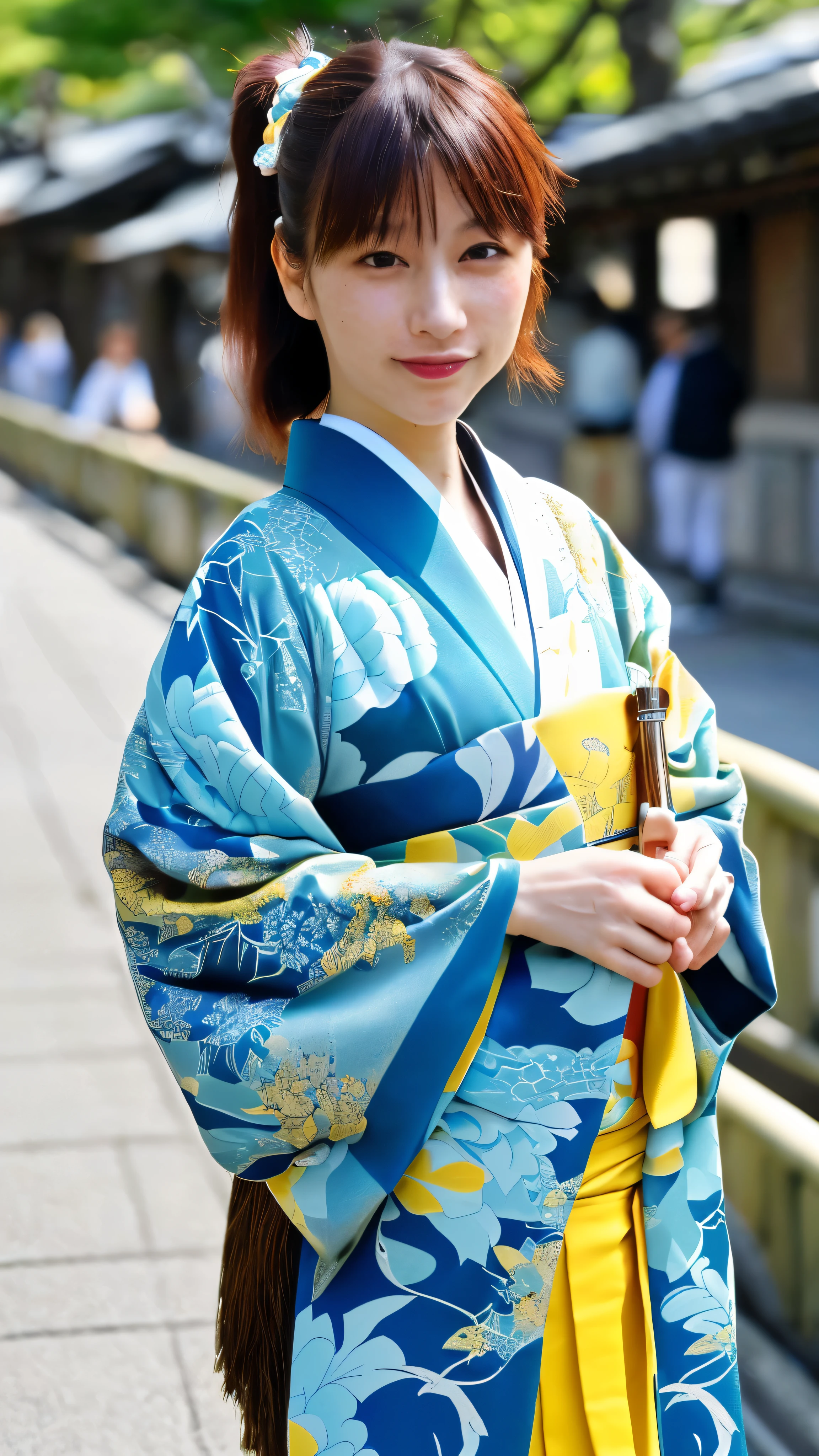 (masterpiece)、facial details((((Highest image quality))、((High resolution))、((High Definition CGUnity 8k Wallpapers))、solo、Kimono in blue、yellow band、outdoor、The background is the sidewalk of Kyoto Sanjo Ohashi Bridge.,facial details,facial details,chestnut hair,High resolution画像でカメラを見つめながら微笑んでいます