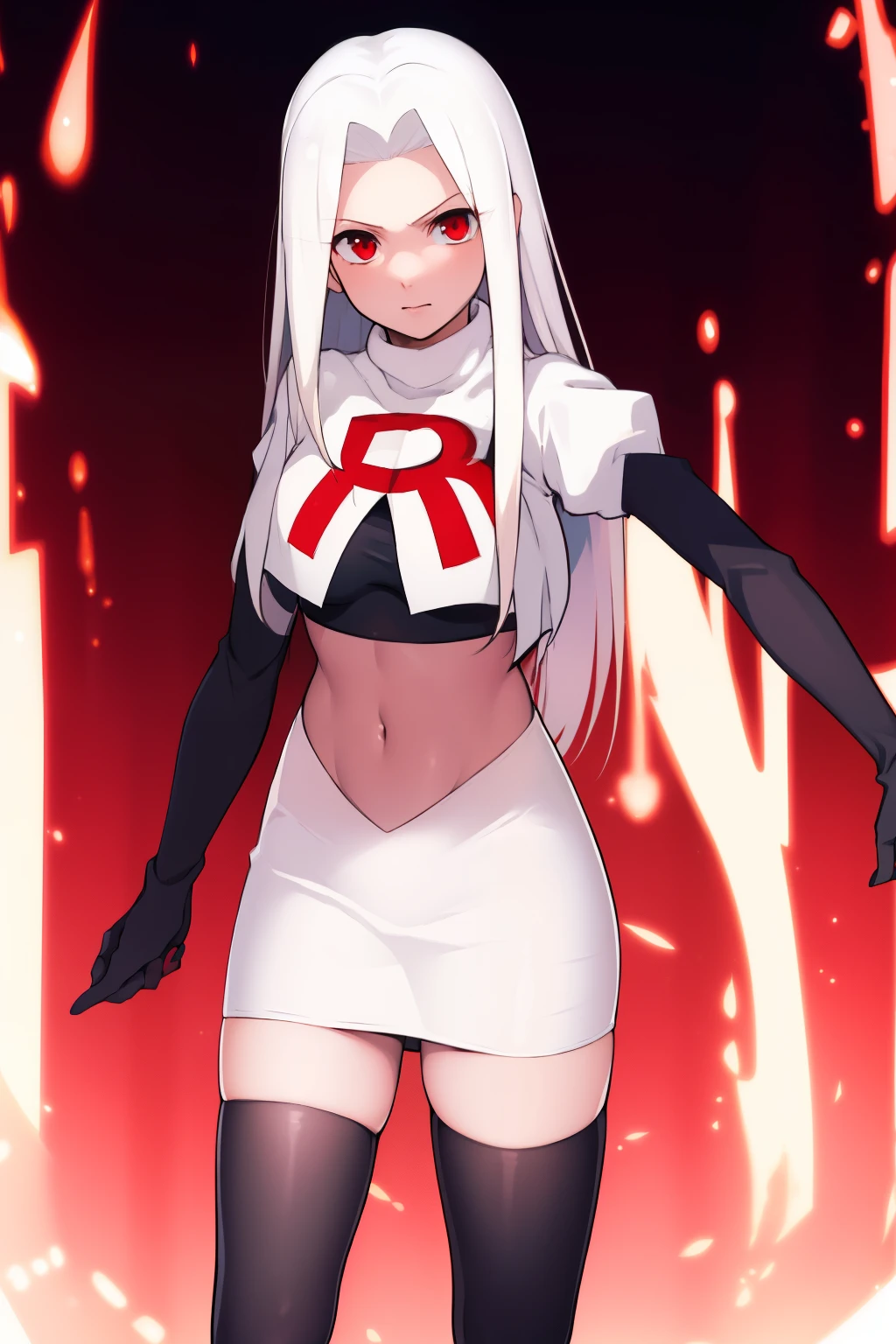 ((masterpiece,best quality)), absurdres, Irisviel_von_Einzbern, solo, looking at viewer, cowboy shot, cinematic composition, dynamic pose, team rocket,team rocket uniform,white skirt,red letter R,crop top,black thigh-highs,black elbow gloves