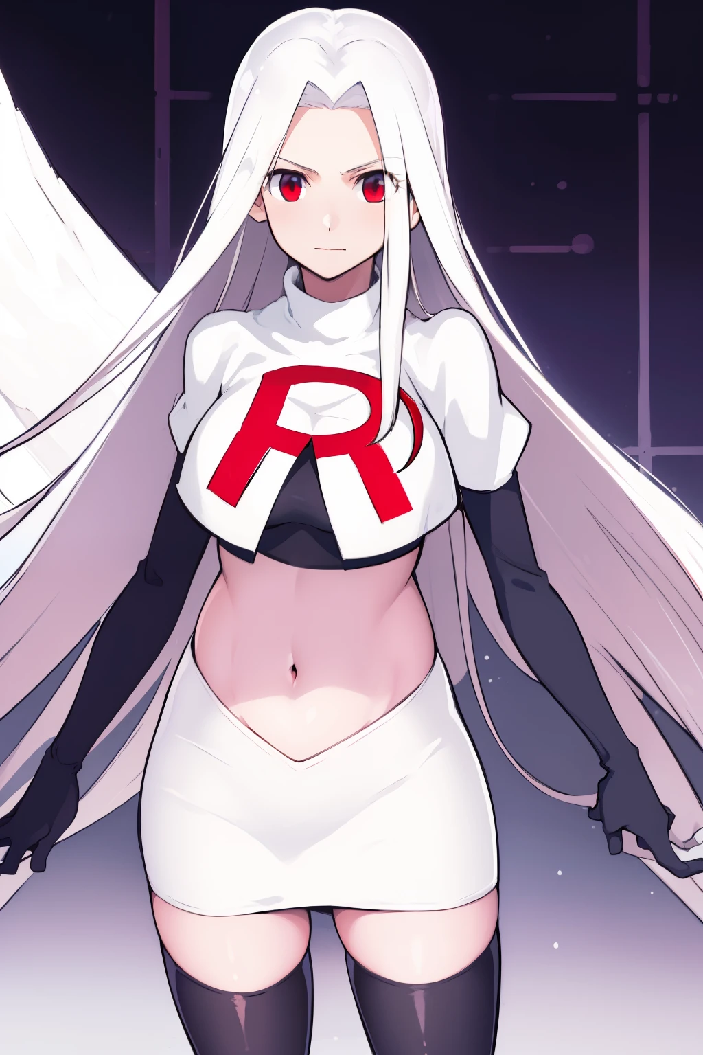 ((masterpiece,best quality)), absurdres, Irisviel_von_Einzbern, solo, looking at viewer, cowboy shot, cinematic composition, dynamic pose, team rocket,team rocket uniform,white skirt,red letter R,crop top,black thigh-highs,black elbow gloves