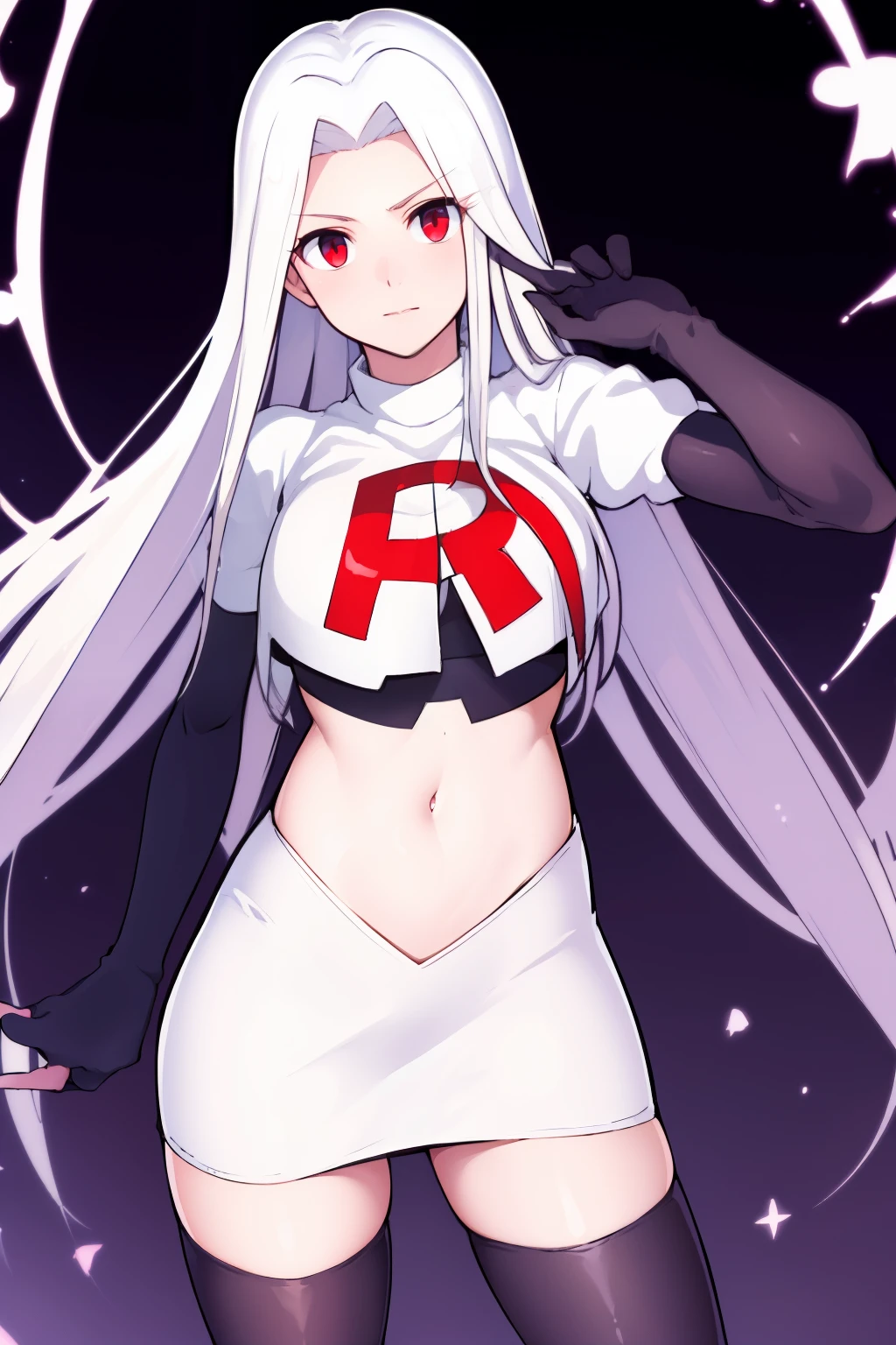 ((masterpiece,best quality)), absurdres, Irisviel_von_Einzbern, solo, looking at viewer, cowboy shot, cinematic composition, dynamic pose, team rocket,team rocket uniform,white skirt,red letter R,crop top,black thigh-highs,black elbow gloves