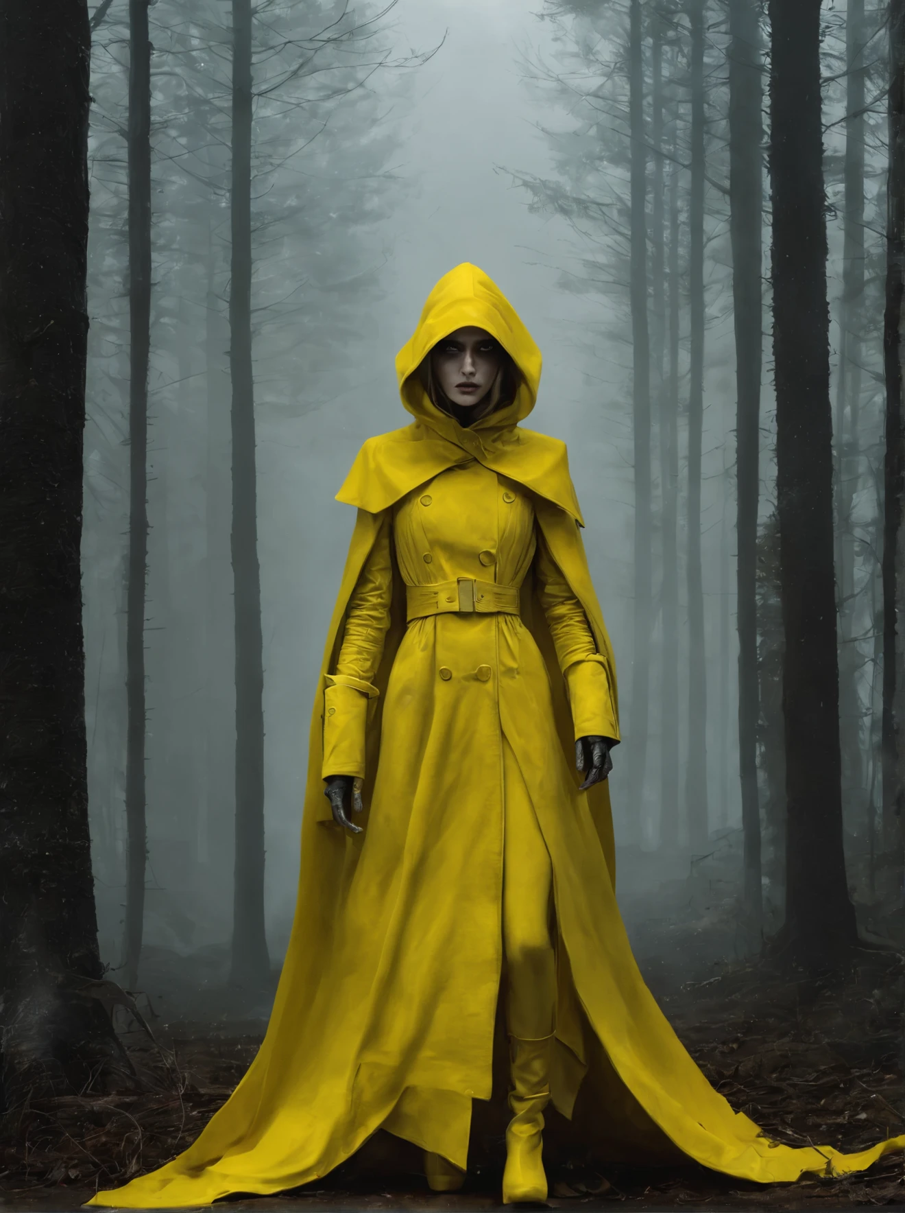 yellow nazgul, motion, surrealist, wolf, darkness, dark fantasy, dramatic light, by Aitor Throup, on foggy forest