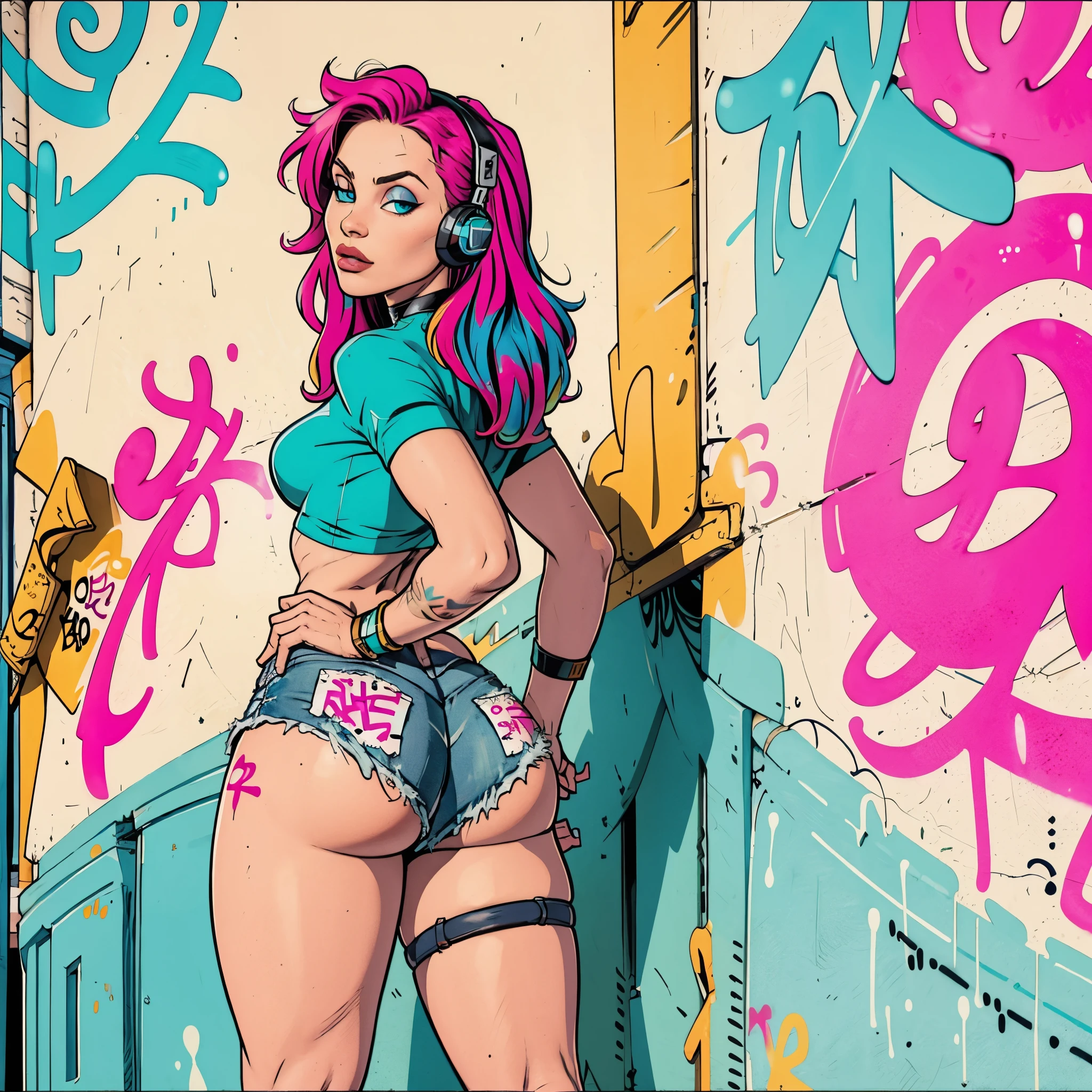masterpiece, best quality, 25 years old beautiful woman, long hair, (mature face:1.4), 1woman, solo, crop top, denim shorts, choker, (from behind:1.4), plumb ass, thick thighs, thin waist, (graffiti:1.5), paint splatter, arms behind back, against wall, looking at viewer, armband, thigh strap, paint on body, head tilt, bored, multicolored hair (pink, blue), aqua eyes, headset