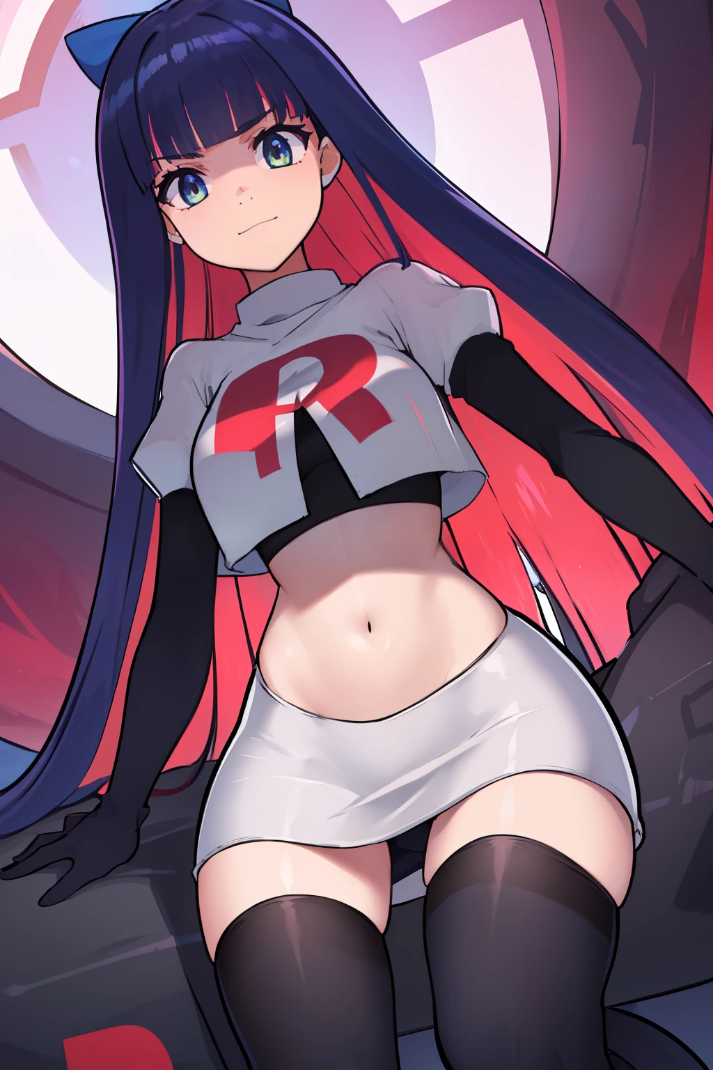 ((extreme detail)),(ultra-detailed),(painting), chiaroscuro, extremely detailed CG unity 8k wallpaper, best quality, anarchy stocking, hair bow, black adjusting hair, simple background, team rocket,team rocket uniform,white skirt,red letter R,crop top,black thigh-highs,black elbow gloves