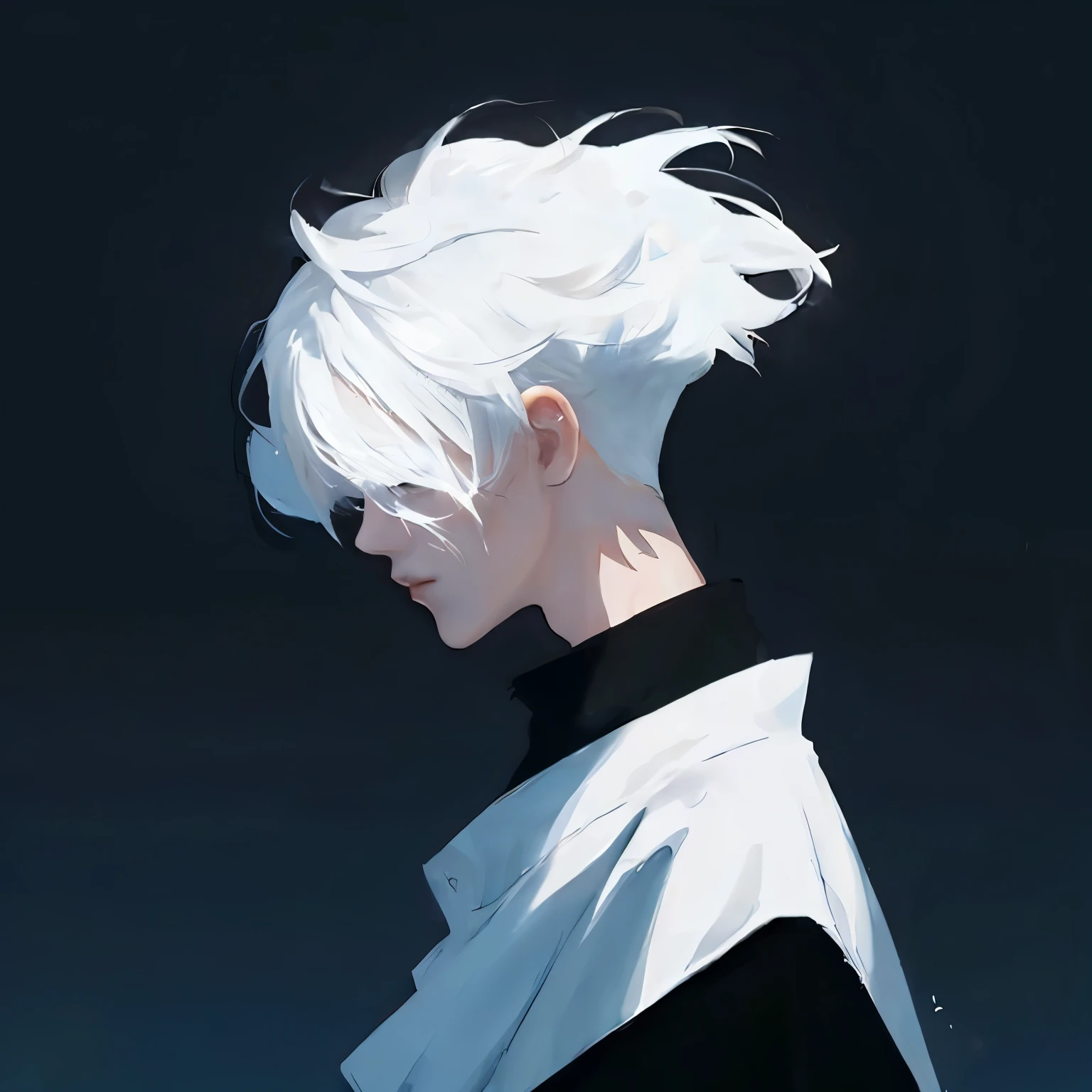 anime boy with white hair and black shirt looking away, white haired, girl with short white hair, white-haired, girl with white hair, ray of light through white hair, white hair, with short bobbed white hair, white haired lady, white hair floating in air, white hairs, male anime character, anime character, male anime style, white cloud hair