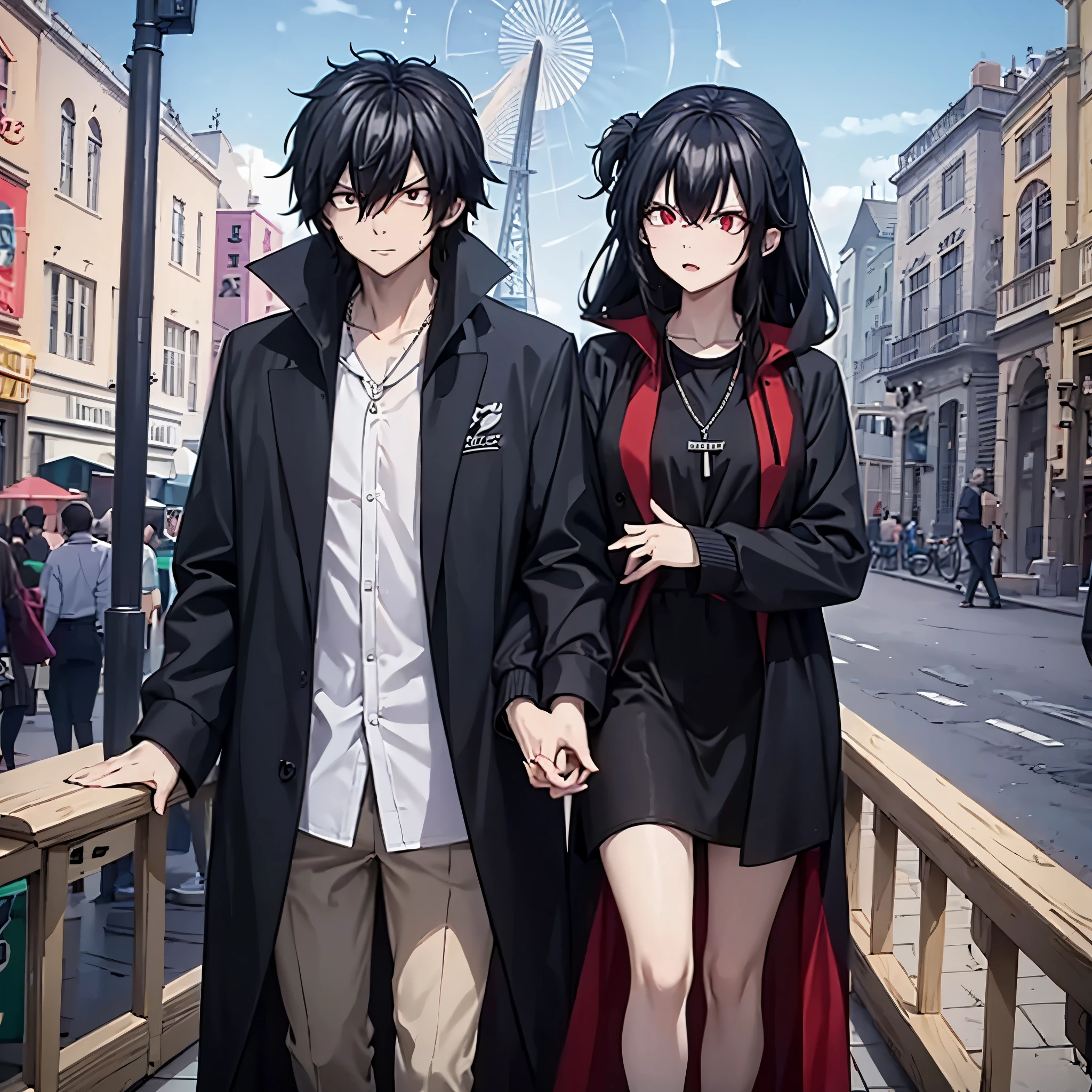 a man in black casual clothes together with his wife (eye red) in an amusement park with a daughter holding their hand
