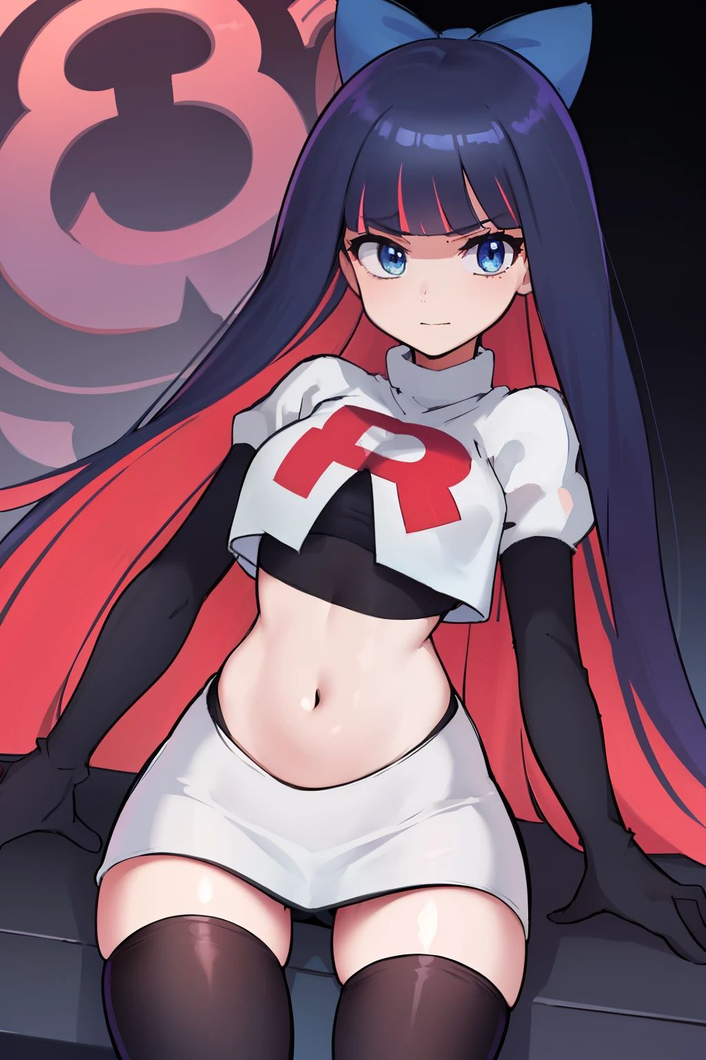 ((extreme detail)),(ultra-detailed),(painting), chiaroscuro, extremely detailed CG unity 8k wallpaper, best quality, anarchy stocking, hair bow, black adjusting hair, simple background, team rocket,team rocket uniform,white skirt,red letter R,crop top,black thigh-highs,black elbow gloves