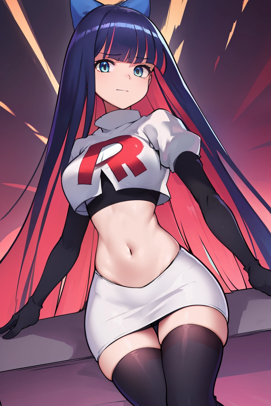 ((extreme detail)),(ultra-detailed),(painting), chiaroscuro, extremely detailed CG unity 8k wallpaper, best quality, anarchy stocking, hair bow, black adjusting hair, simple background, team rocket,team rocket uniform,white skirt,red letter R,crop top,black thigh-highs,black elbow gloves