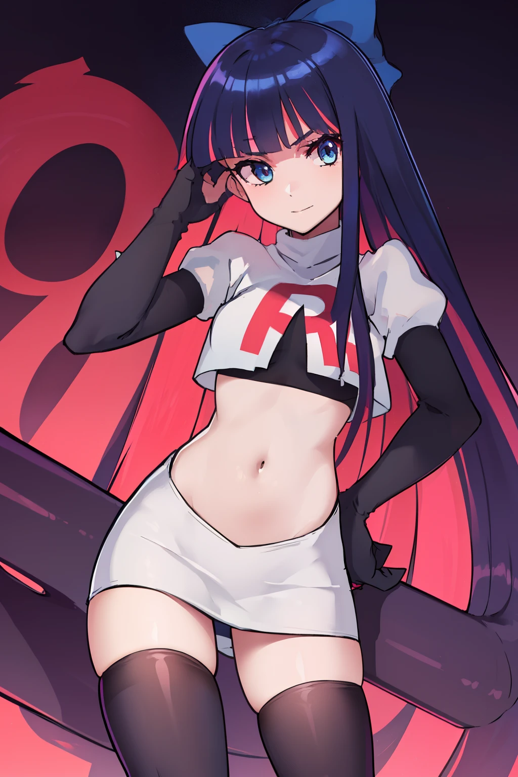 ((extreme detail)),(ultra-detailed),(painting), chiaroscuro, extremely detailed CG unity 8k wallpaper, best quality, anarchy stocking, hair bow, black adjusting hair, simple background, team rocket,team rocket uniform,white skirt,red letter R,crop top,black thigh-highs,black elbow gloves