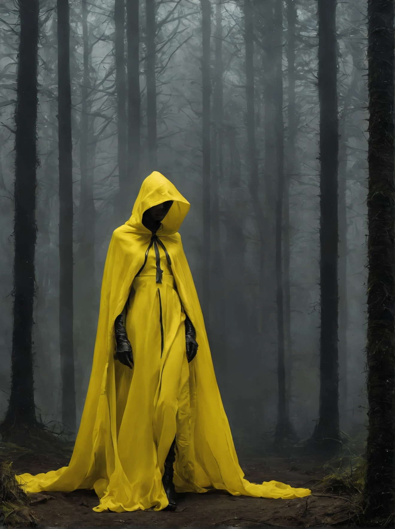 yellow nazgul, motion, surrealist, wolf, darkness, dark fantasy, dramatic light, by Aitor Throup, on foggy forest
