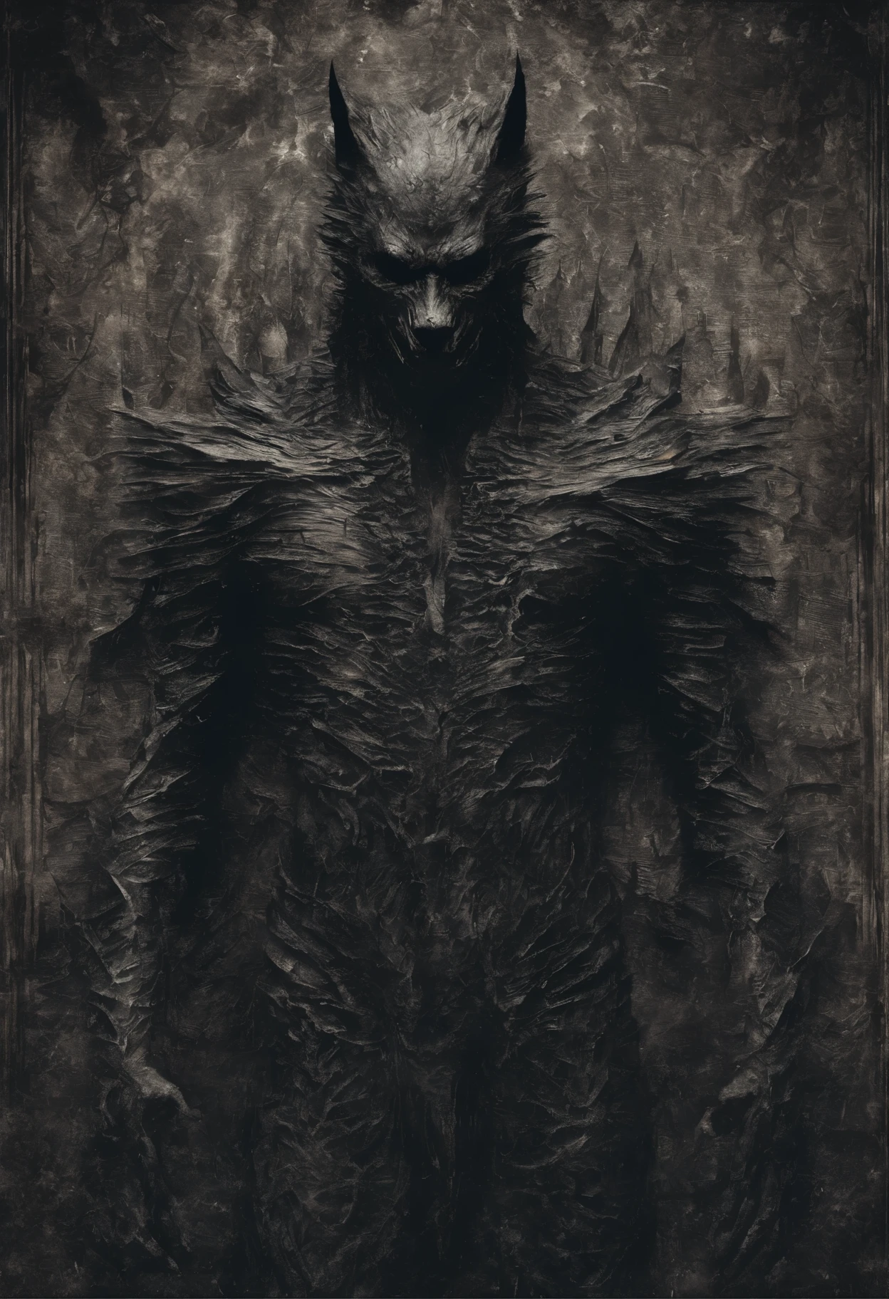 Inspired by Tom Hanks as a werewolf,  perfect centralization, coyote (Franco)Insanity, Standing position, abstract beauty, Middle, Looking at the camera, facing the camera, Eyes of light glaring from below, sad, despair, Full body Esbian, dynamic, very detailed, suave, sharp focus, 8K, High resolution, illustration, art:Khan Griffith and Vadim Madness, 5 Colors Flame Background