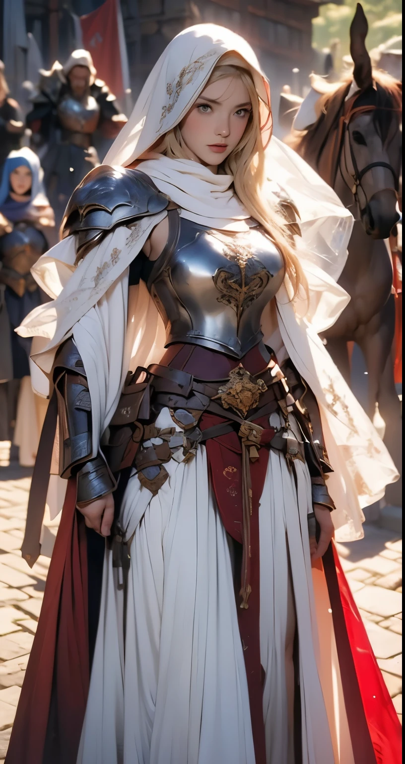 wearing a perfect hijab , around , (plain red hijab), tmasterpiece,Best quality at best,A high resolution,8K,((Portrait)),(full body),Original photo,real photograph,digital photography,(Female adventurers in the medieval fantasy style),(Medieval Valkyrie in fantasy style), (Hair gradients of blonde and red),blue eye,long gradient hair,perfect breast (super huge round perfect breasts),An extravagant ornament,cparted lips,Keep your mouth shuegant and charming,((Blushing)),haughty contempt,Calm and handsome,(Medieval fantasy combat suit,The Beautiful breast,Medieval dress, ,clothes look see-through , nipples visible through the dress, small waist, perfect body, a red delicate pattern,white Cloak),(Woman warrior),Photo pose,medieval characters,medieval fantasy style,oc render reflection texture, sexy style, sexy breast, breast plate armor ( fire pattern) , road to castle background,